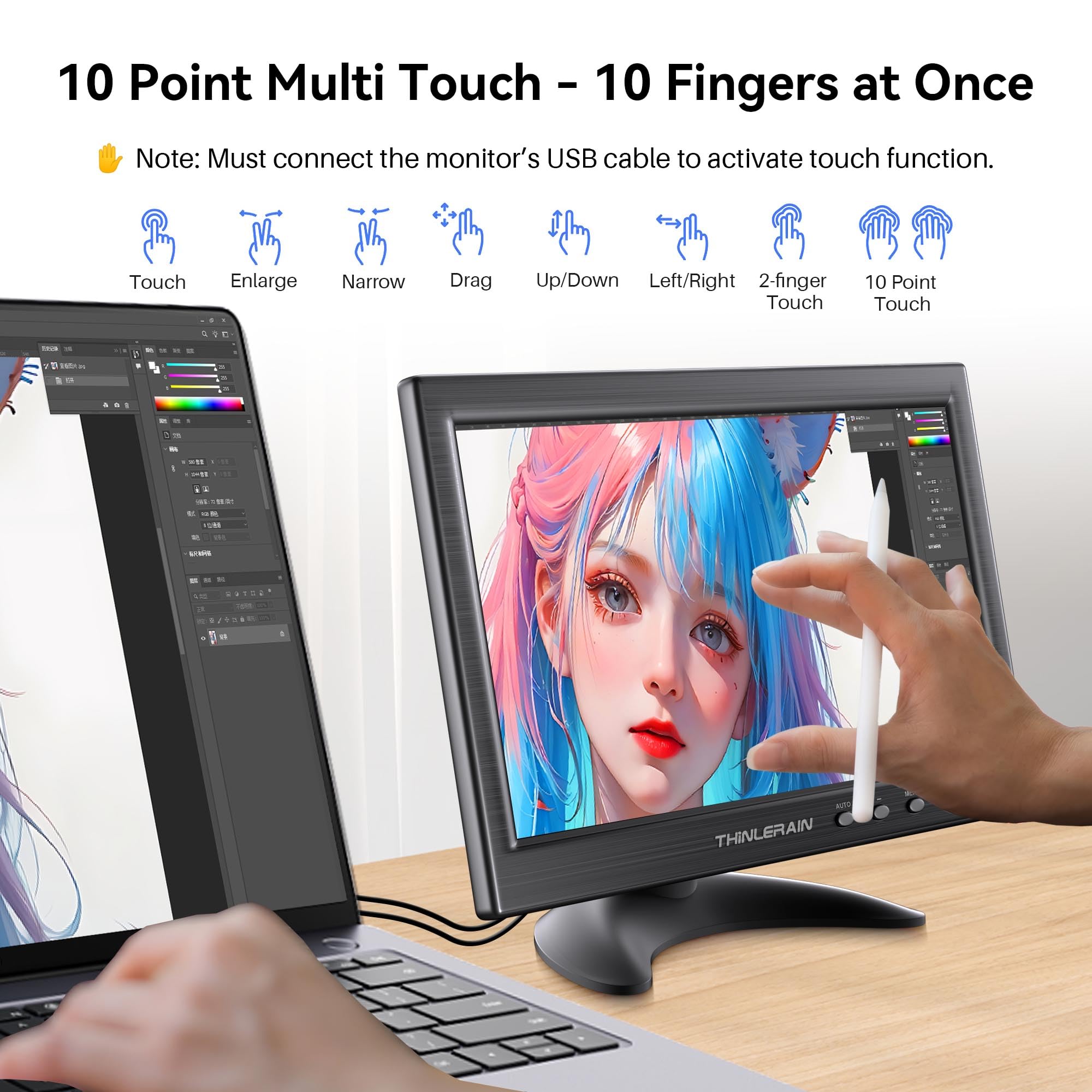 10,1 Zoll Touchscreen Monitor – 1366x768 HD IPS 16:9, HDMI/VGA/BNC/AV, eingebaute Lautsprecher, VESA 75x75 –Kleiner Monitor für PC, Raspberry Pi, Fire TV Stick, Küche, Auto, Überwachung
