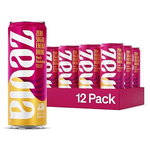 Zevia Zero Calorie Energy Drink, melocotón maracuyá, latas de 12 onzas (paquete de 12)