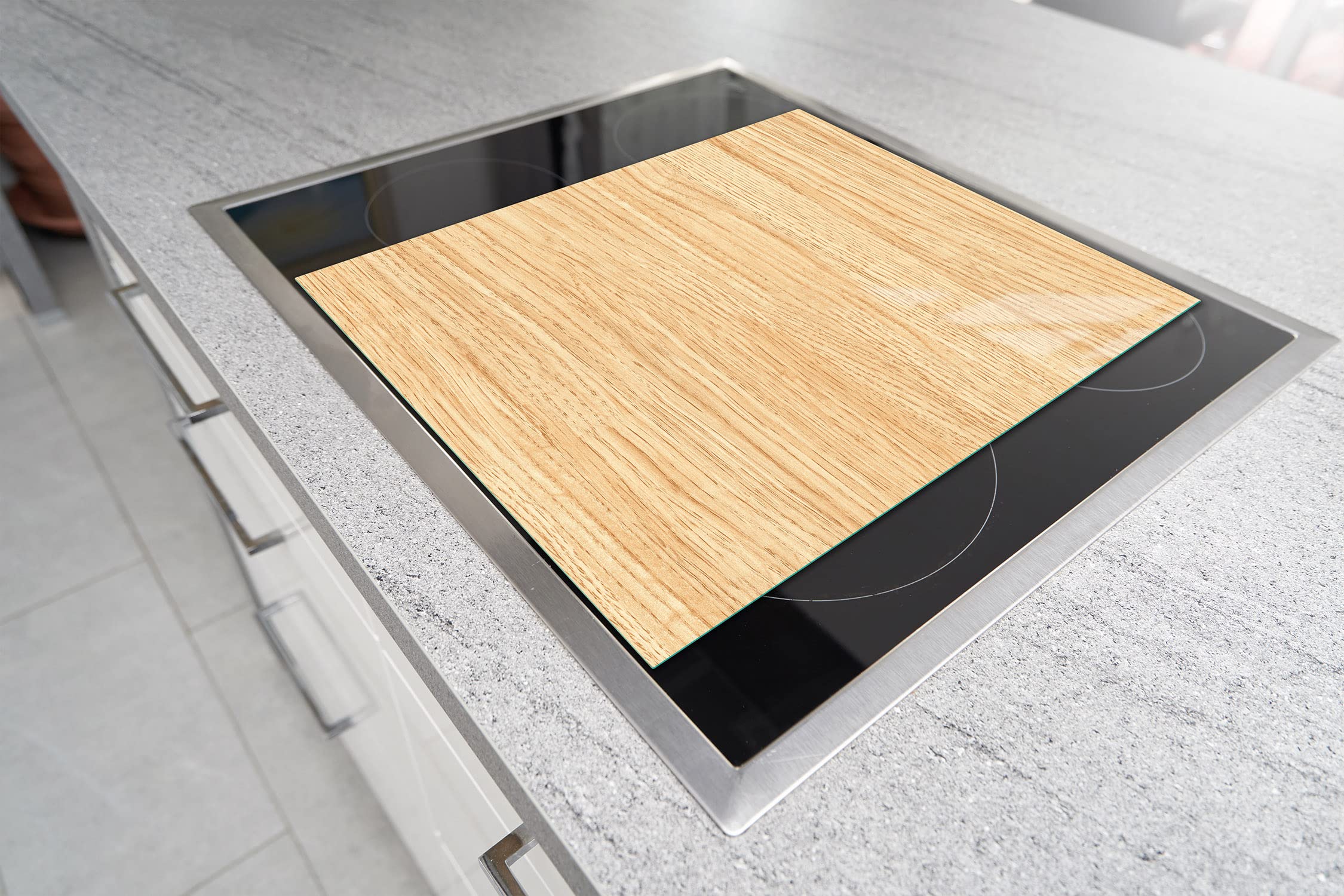 Herdabdeckplatte einteilig 45x52 cm Ceranfeld Abdeckung Glas Spritzschutz Abdeckplatte Glasplatte Herd Ceranfeldabdeckung Deko, Holz Beige