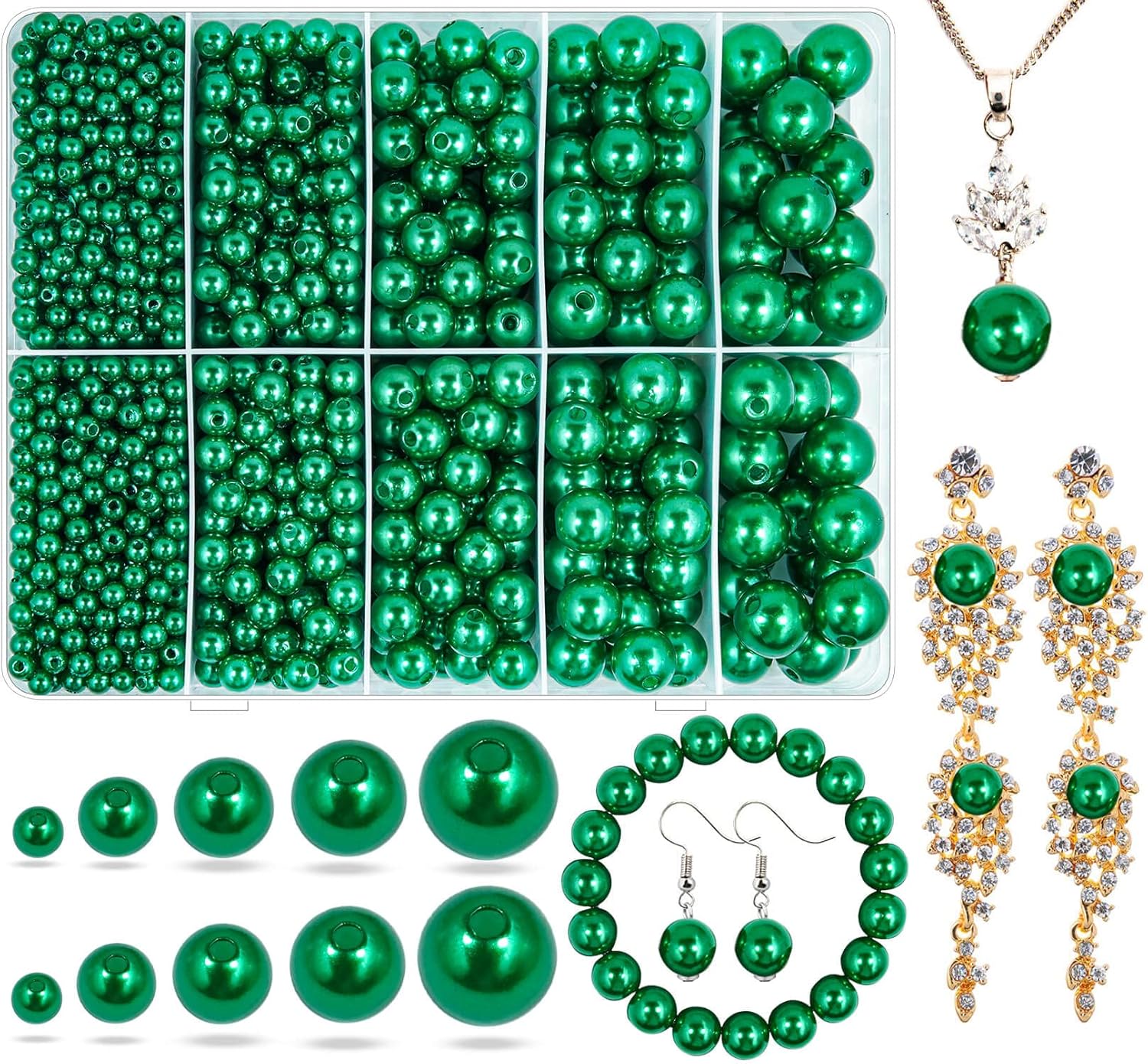 Dark Green Pearl Beads for Jewelry Making, 1750pcs Dark Green Pearl Craft Bead with Hole 4mm 6mm 8mm 10mm 12mm Loose Spacer Bead for Necklace Bracelet Earrings Wedding Dress Decor (Green-Dark)