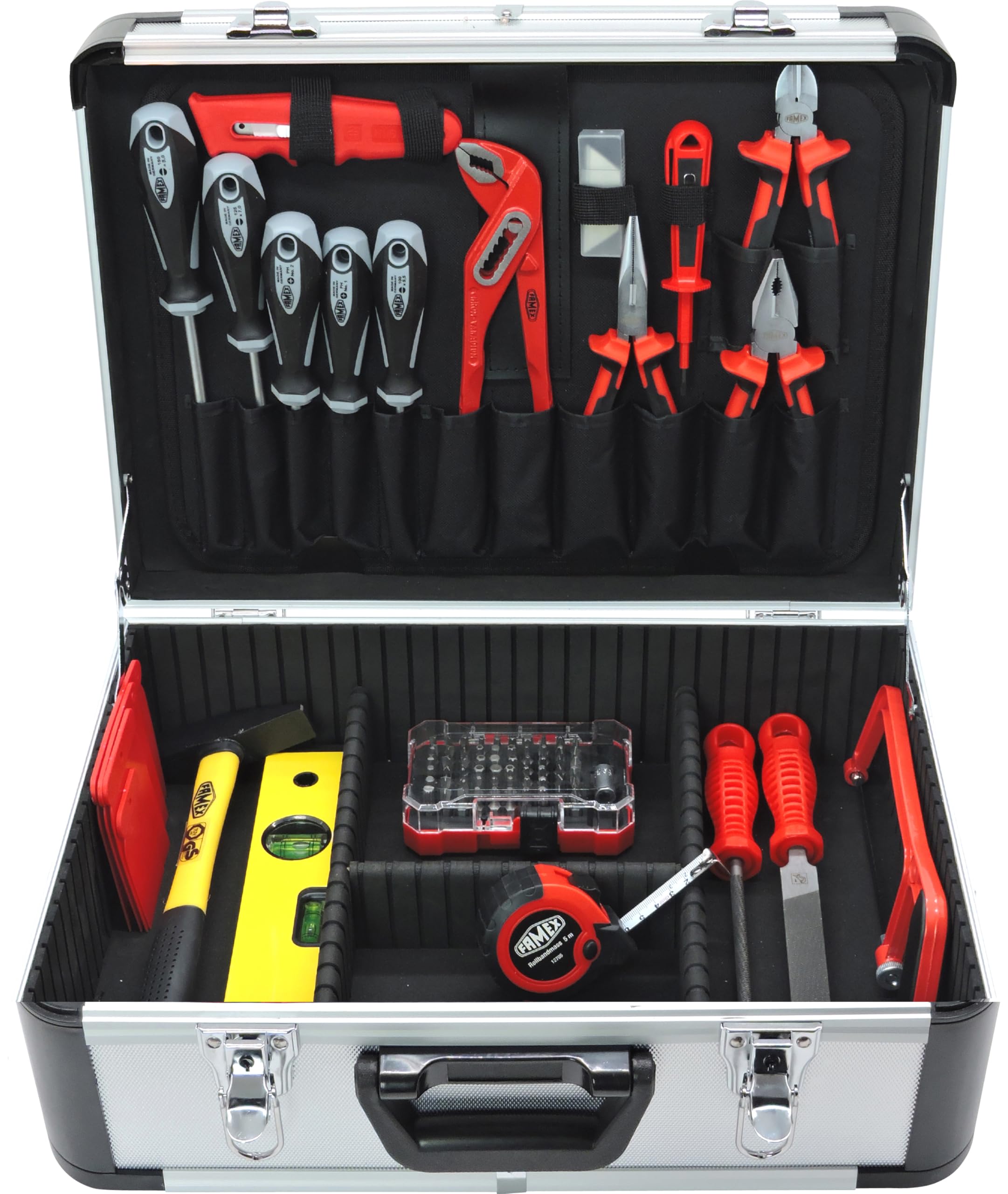 FAMEX 702-L Valigetta degli attrezzi in alluminio senza utensili con 26 tasche a incastro, capacità massima 30 kg - 460 x 355 x 180 mm - Robusta valigetta in alluminio - Cassetta degli attrezzi vuota