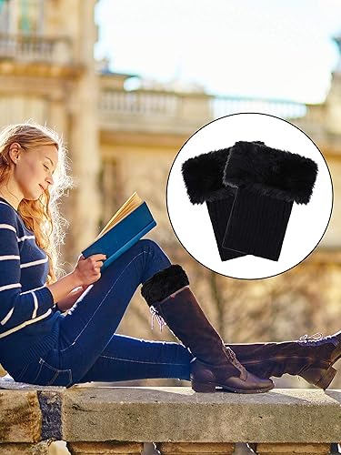 Miniatura 4 de 4 Pairs Women Faux Fur Trim Boot Cuff Winter Knitted Furry Top Cover Leg Warmers Girls Boot Socks