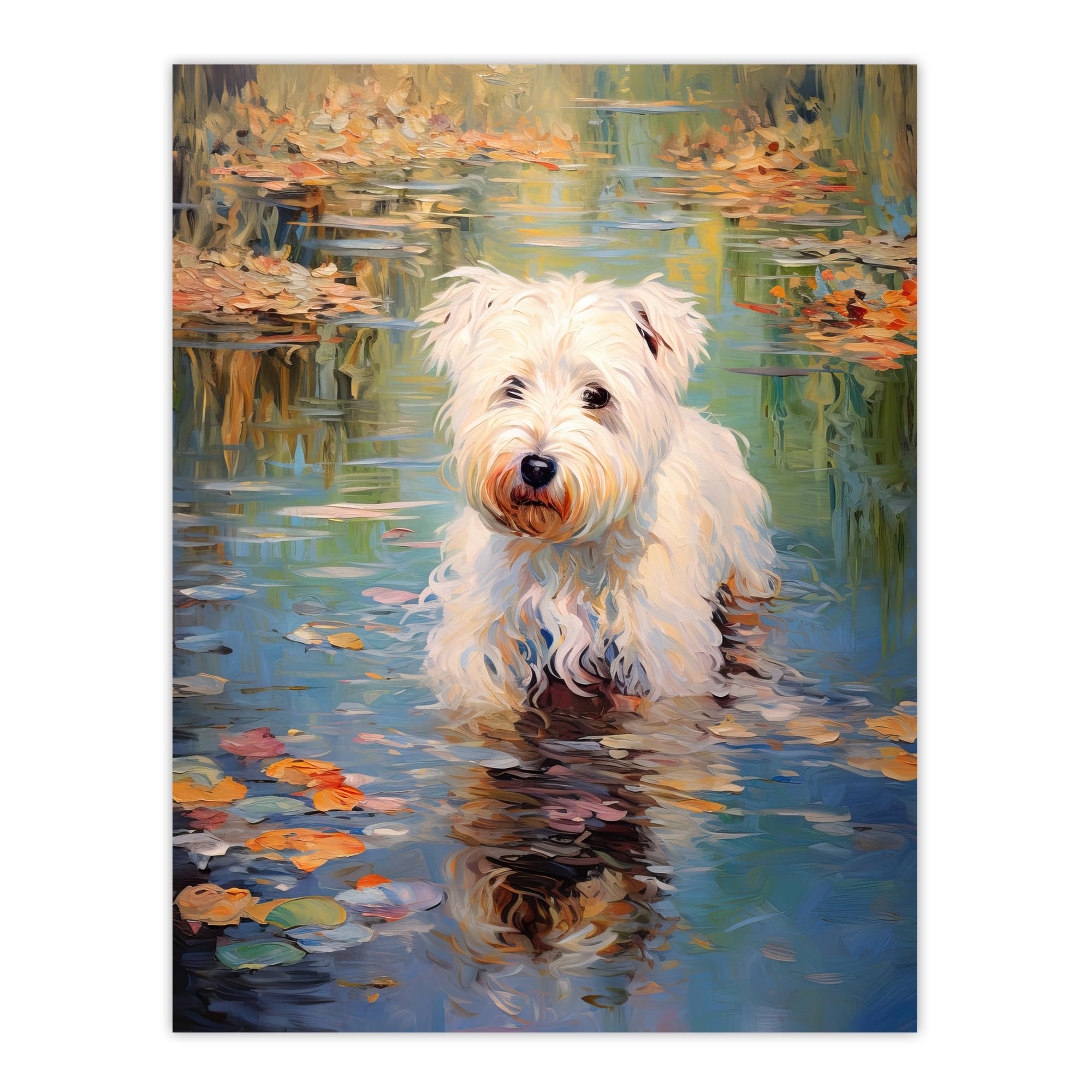 Artery8 West Highland Terrier Autumn Lake Walk Claude Monet Style Dog Oil Painting Large Wall Art Poster Print Thick Paper 18X24 Inch