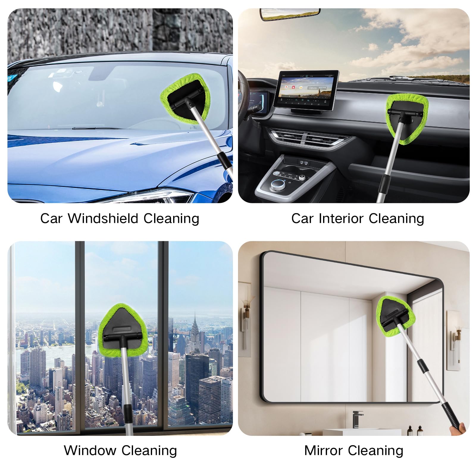 11 herramientas limpiadoras de parabrisas, kit de lavado de limpieza de ventana de automóvil con 6 almohadillas de microfibra reutilizables, 2 botellas de pulverización y asas extensibles, 6
