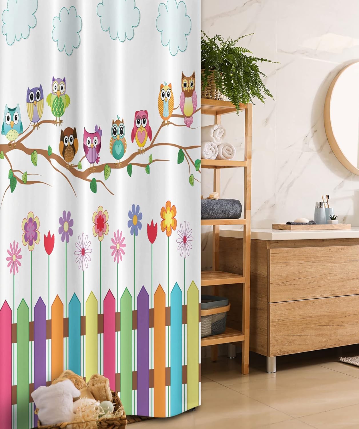 Ambesonne Owls Stall Shower Curtain, Owls on a Branch Sunny Day in Countryside Farmhouse Fences Wildflowers Holidays Art, Fabric Bathroom Decor Set with Hooks, 36" W x 72" L, Multicolor White Brown