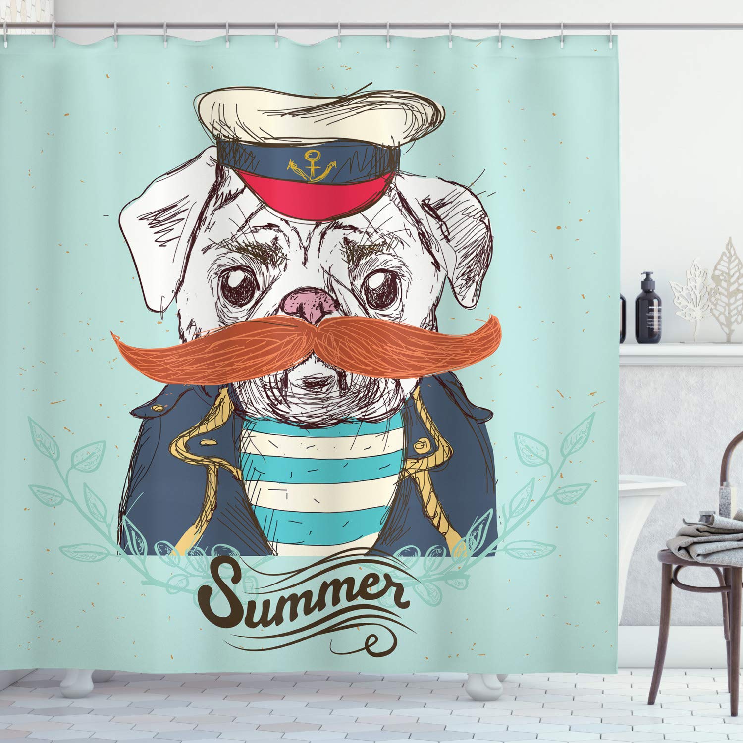 ABAKUHAUS carlino Tenda da Doccia, Il capitano Cane con il cappello Jacket, Tessuto Set di Decorazioni per il Bagno con Ganci, 175 x 180 cm, Blu Pallido Blu Navy