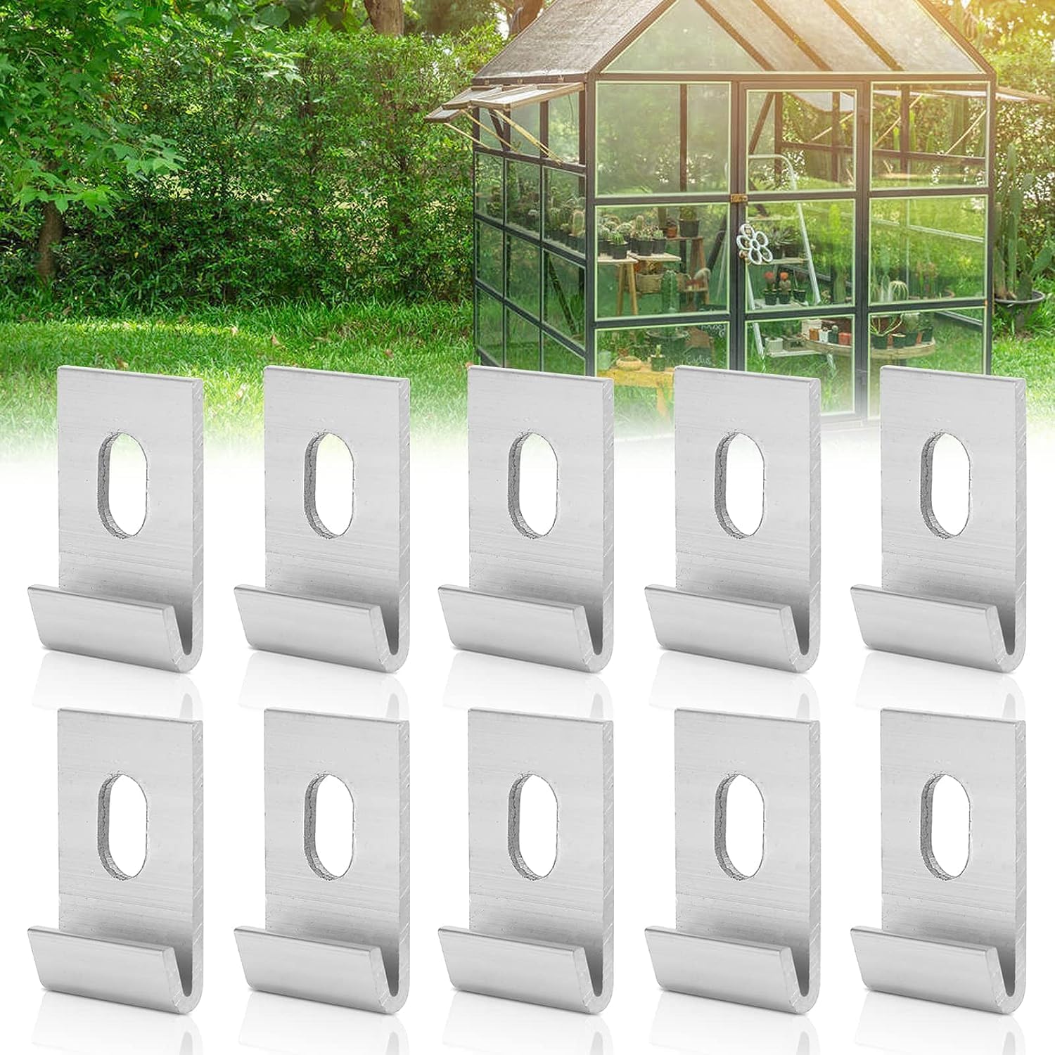 Wincal Sliver Greenhouse Clips For Glass, 10Pcs Greenhouse Glass Window Pane Fixing Clips, Base Clips Metal J Fixings Attaches Kit Tool