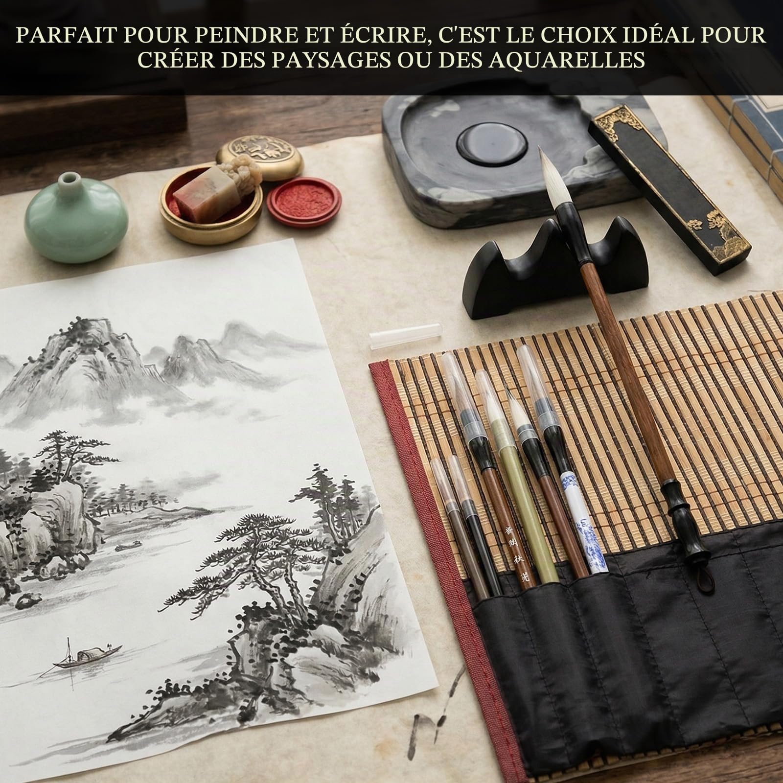 L&W Luck 12 Pièces Pinceaux de Calligraphie Chinoise,Stylo Calligraphie,Sac à Pinceaux,Tailles Mixtes Pinceau Japonais Sumi éCriture Dessin pour DéButants (15)