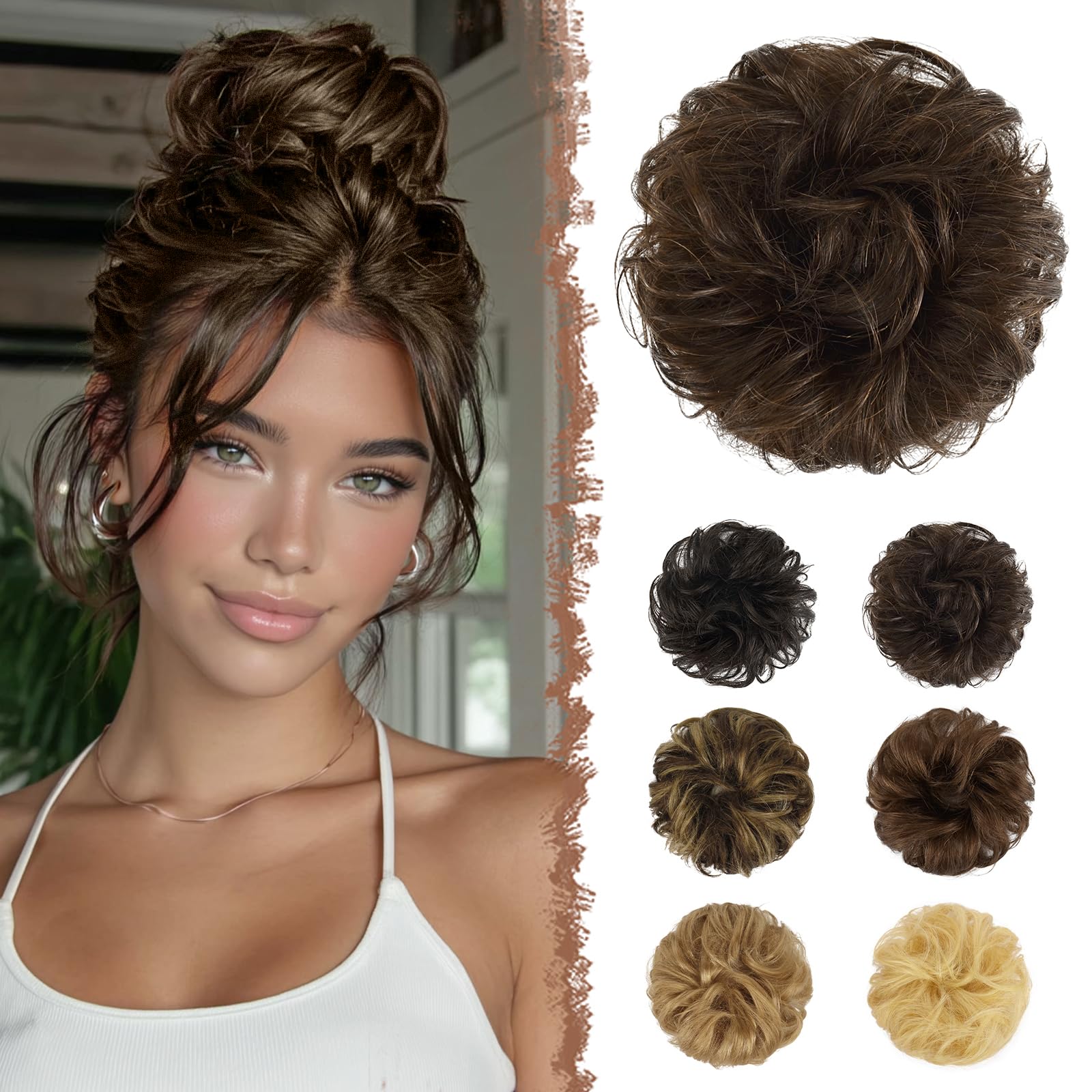 FESHFEN 100% Human Hair Scrunchies (4# Brown) Curly Messy Hair Bun Extensions Wedding Hair Pieces for Women Kids Hair Updo Donut Chignons-picture-30