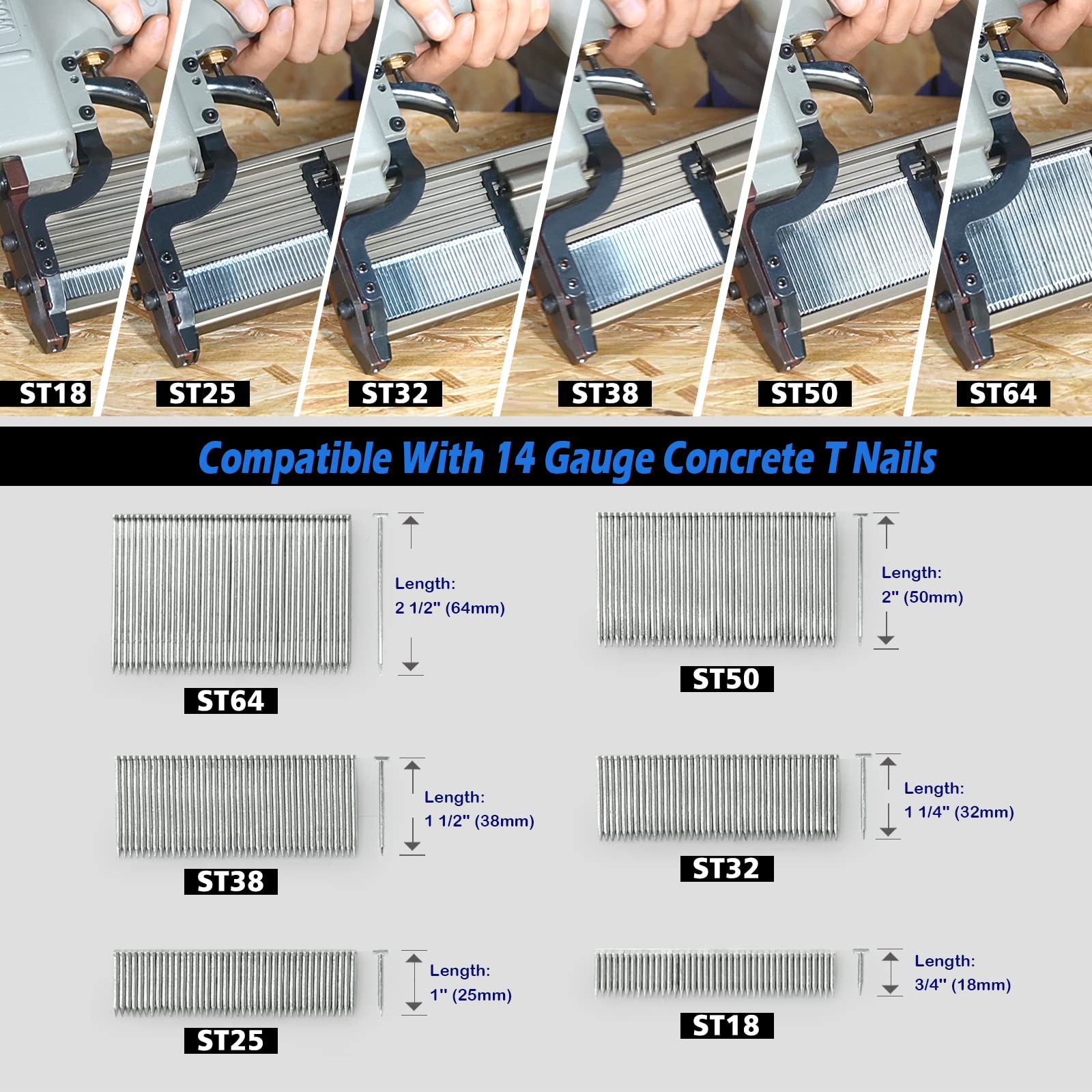 Woodpecker ST64 14 Gauge Heavy Duty Concrete T Nailer, 1 Inch to 21/2