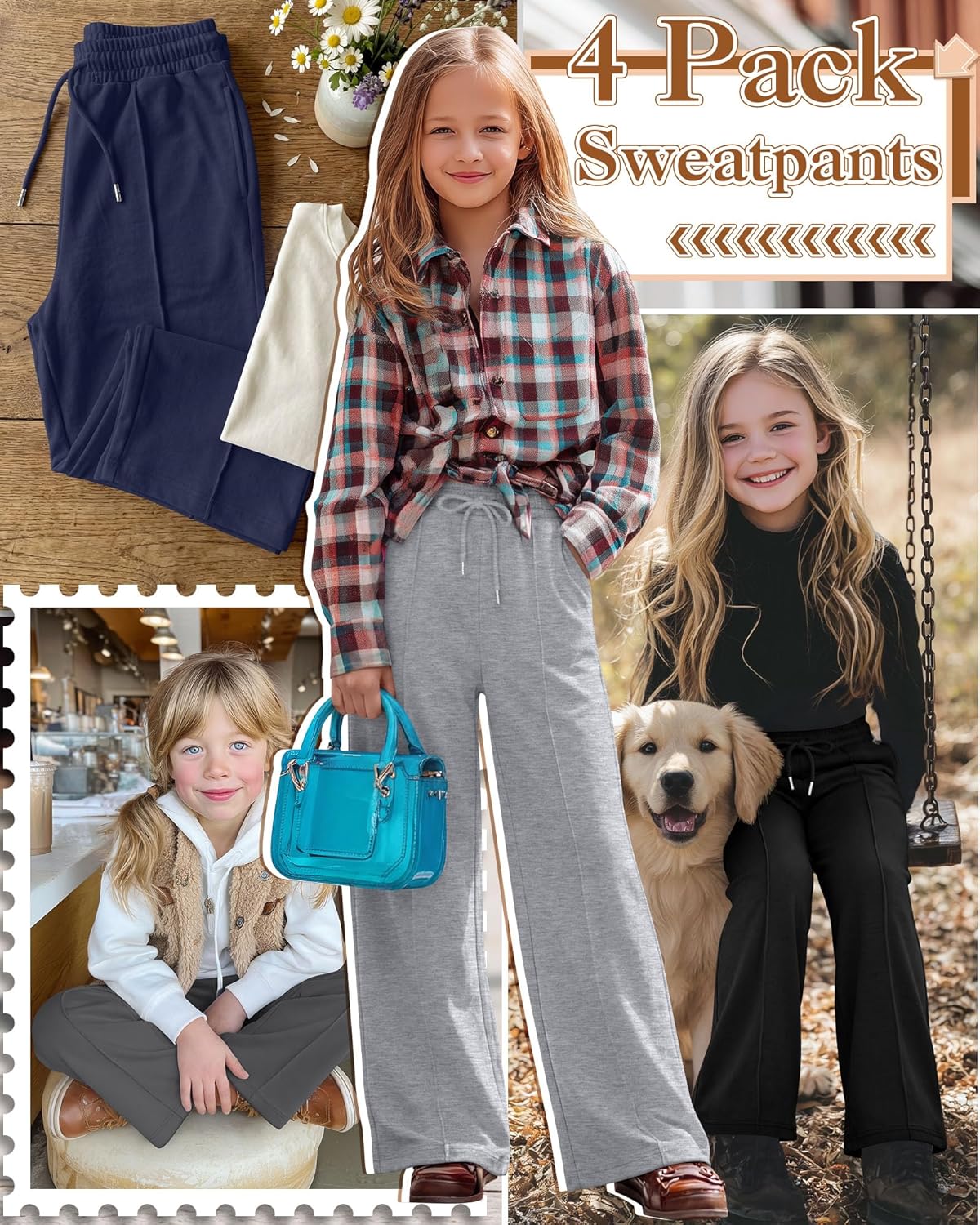 4 Pack Girls Sweatpants Teen Girls Baggy Wide Leg Pants Drawstring Joggers Athletic Trousers with Pockets 5-14Y