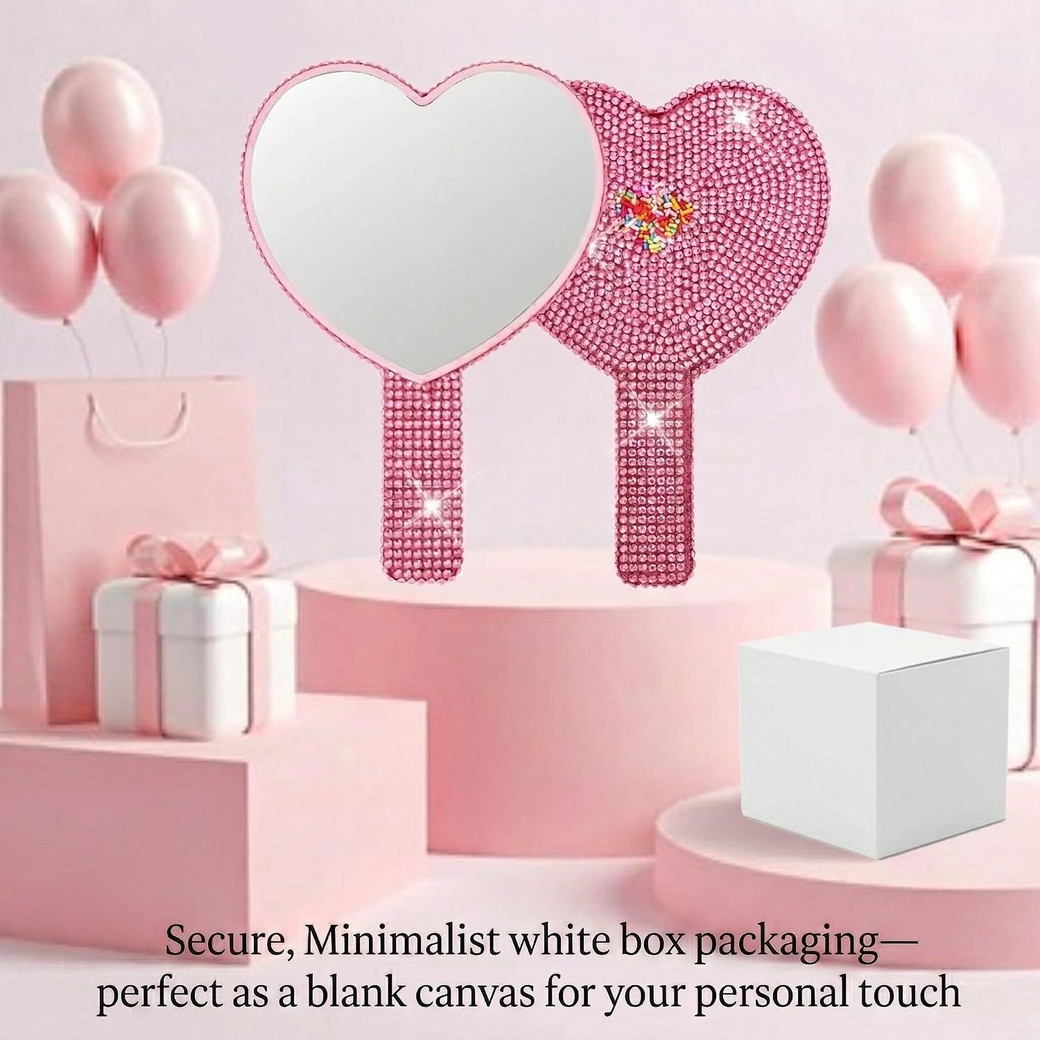 Sparkly Heart Hand Mirror with Rhinestones - Pink Large 7.1x5.1 HD Handheld Mirror - Shiny Heart Shaped Makeup Mirror for Vanity, Travel, Salon -Gifts for Women, Teens, Bridesmaids