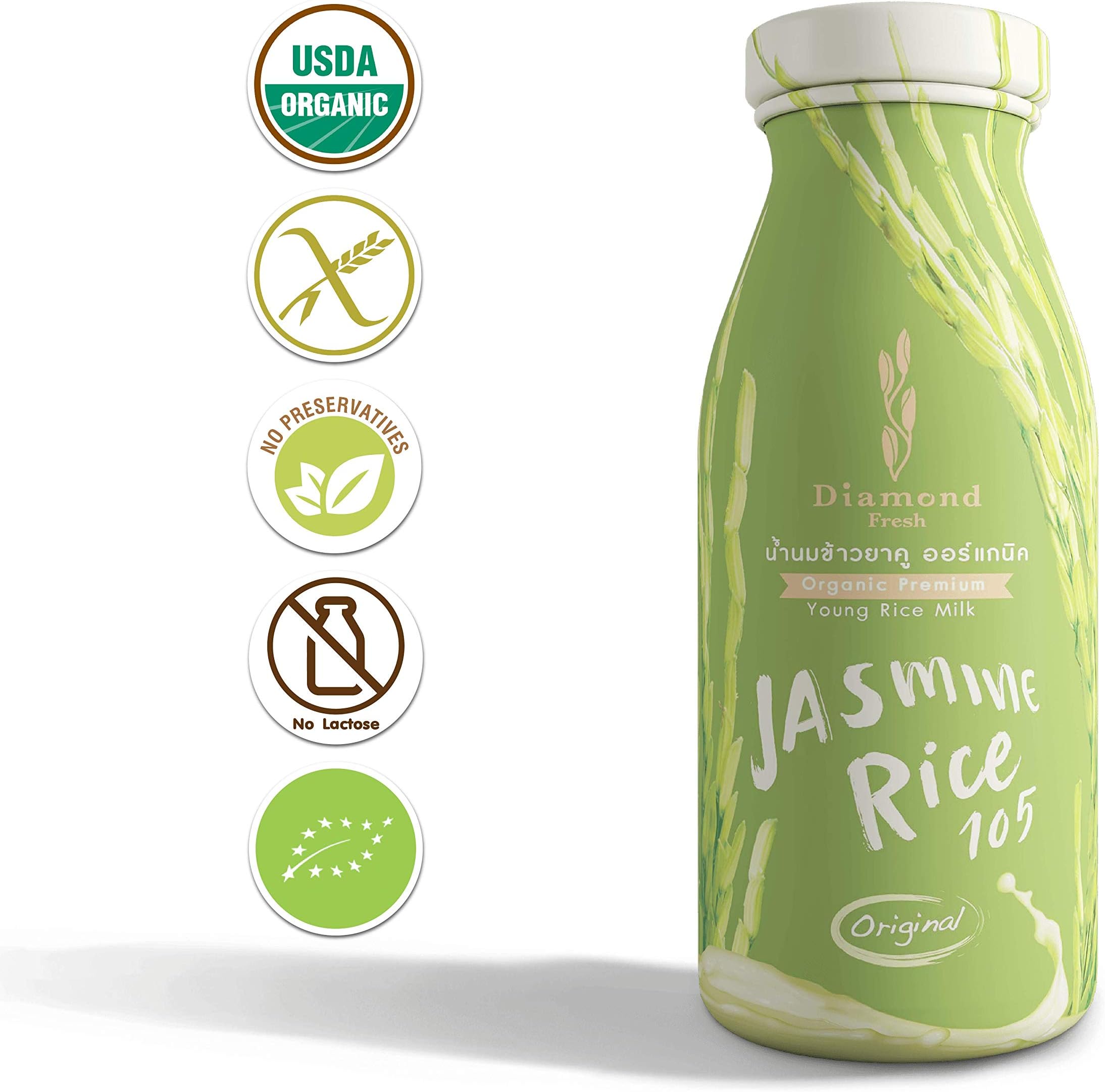 Rice Milk made from Jasmine Rice By Diamond Fresh – Rice Drink Natural & Certified Organic Young Rice Milk, Non-Lactose, No Almond Milk Protein (180ml)
