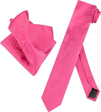 Vesuvio Napoli Skinny NeckTie Hot Pink Fuchsia Paisley Mens Tie & Handkerchief
