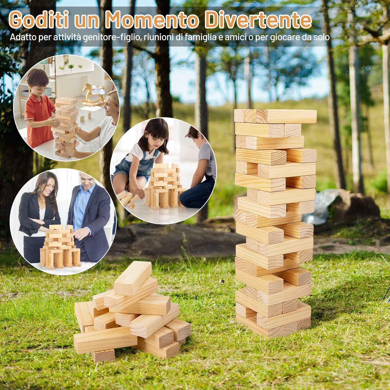 RELAX4LIFE Torre Traballante in Legno di Pino da Sottrarre e Costruire, con 54 Blocchi Impilabili, Dado, Borsa di Trasporto Portatile, per Bambini e Adulti