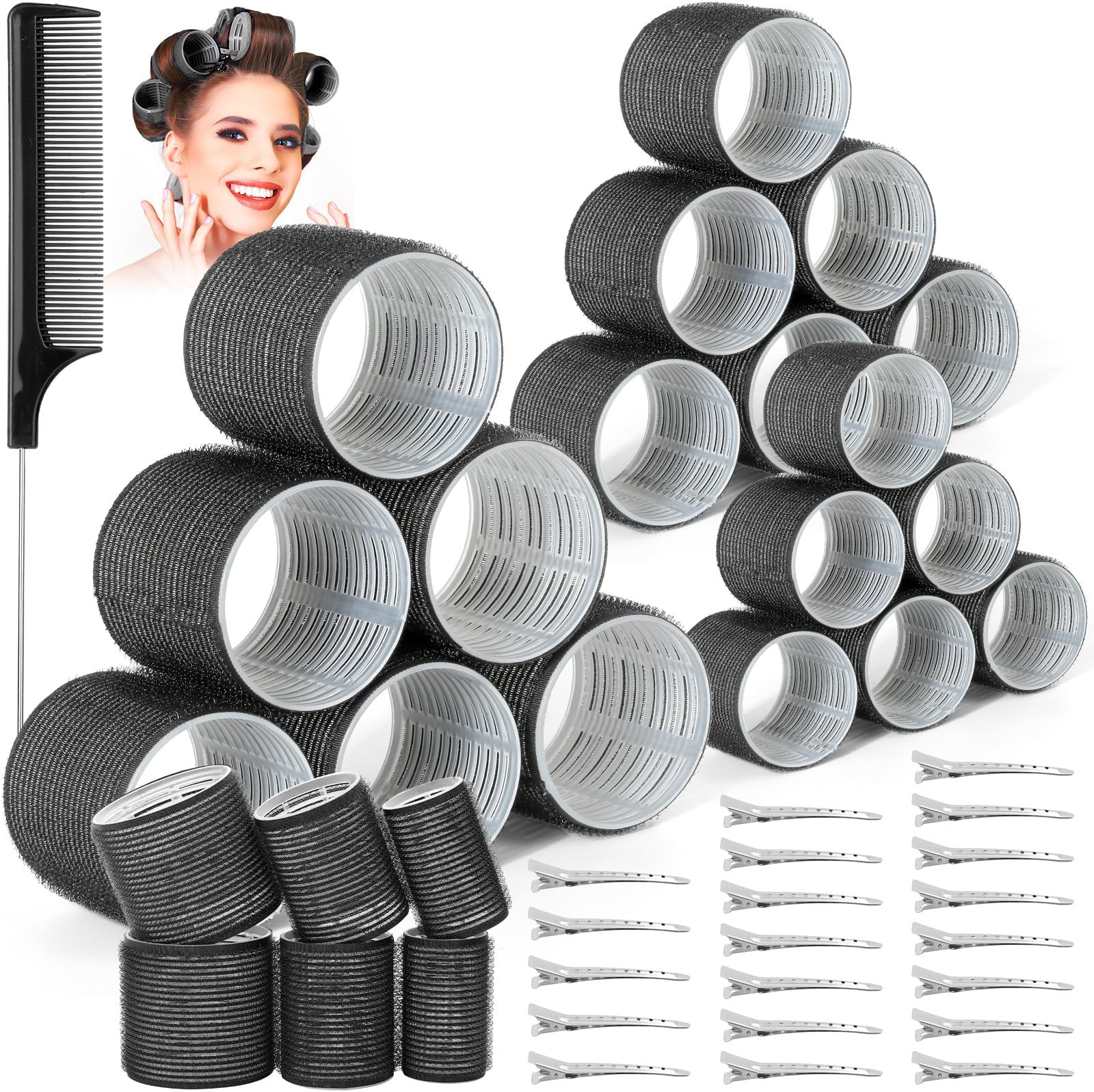 39PCS Hair Curlers Rollers with Clips Black Hair Roller with 3 Sizes 64mm 44mm 33mm, Jumbo Roller with 12PCS Duckbill Clips Hair Rollers for Long Medium Short Thick Fine Volume Bangs