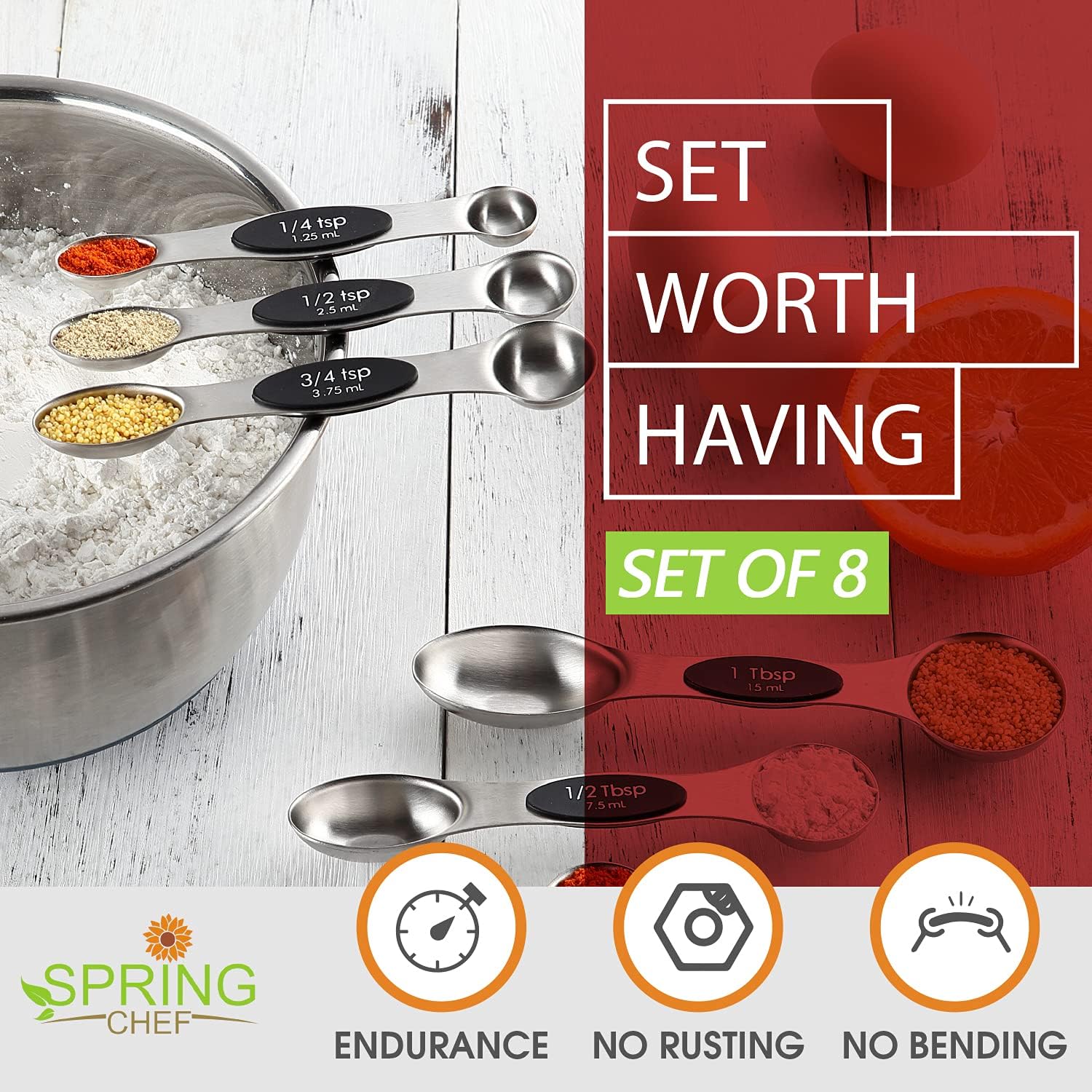 Spring Chef Magnetic Measuring Spoons Set, Dual Sided, Stainless Steel, Fits in Spice Jars, Black, Set of 8: Home & Kitchen