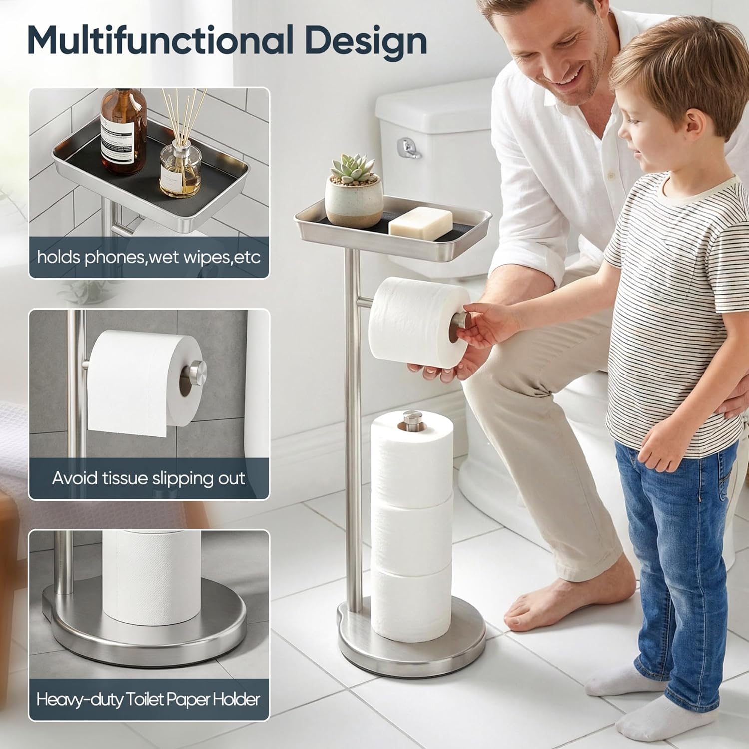 theaoo Toilet Paper Holder Stand with Shelf, Flushable Wipes Dispenser, Free Standing Toilet Tissue Roll Storage Rack Organizer for Bathroom (Silver, Free Standing - with Storage)