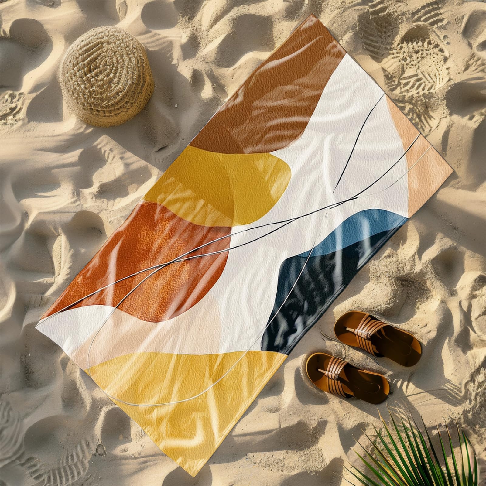 Telo Mare Microfibra 210x230 Astratto Marrone Blu Telo Spiaggia Grande Antisabbia,XXL Asciugamano Mare, Asciugatura Rapida, Stuoia Spiaggia Leggero E Portatile