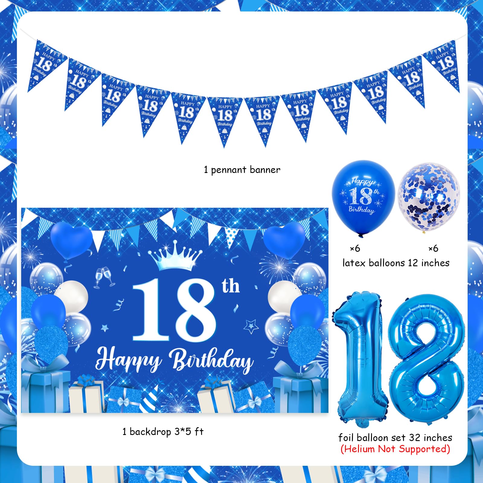Decorazioni per 18° compleanno, palloncini blu per 18° compleanno, striscione di buon compleanno per decorazione per feste blu, numero 18 palloncino triangolo bandiera coriandoli palloncini per