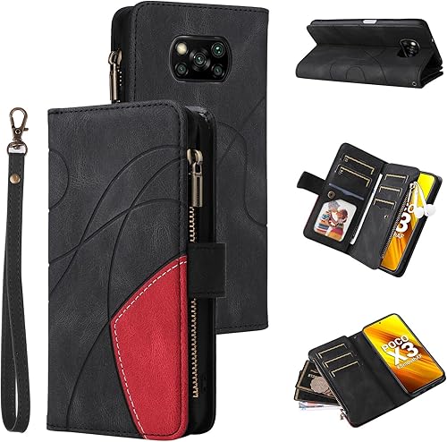 Funda tipo cartera compatible con Xiaomi Poco X3 Pro, 9 tarjeteros de piel sintética de alta calidad, bolsillo con cremallera, con correa para la