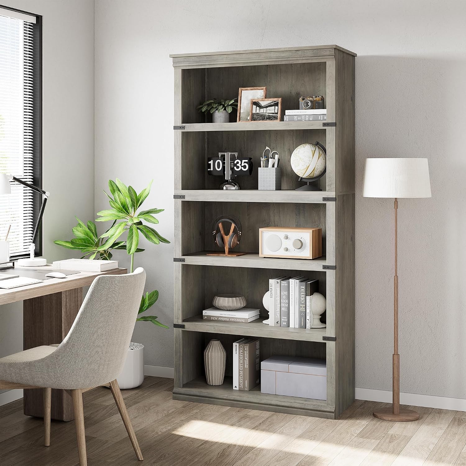 IDEALHOUSE 5 Tier Book Shelf, Farmhouse Book Case, 67.4 in Tall Shelf with Storage, Wooden Bookshelves for Living Room, Home Office-Grey