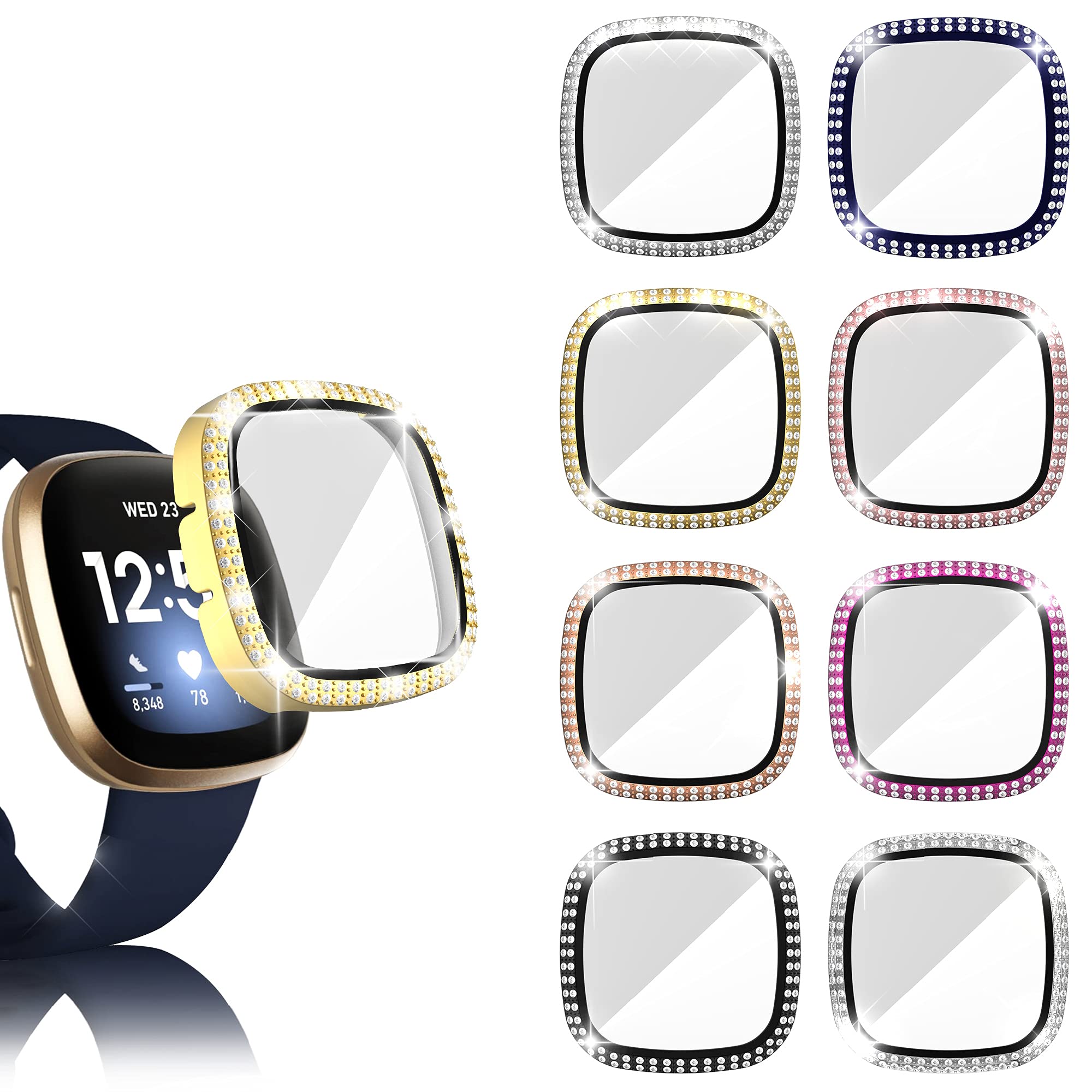 [8-Pack] RICHONE Compatible with Fitbit Sense and Versa 3 Watch Case, Bling Diamonds Cover with 3D Tempered Glass Screen Protector Bumper (8 Colors)