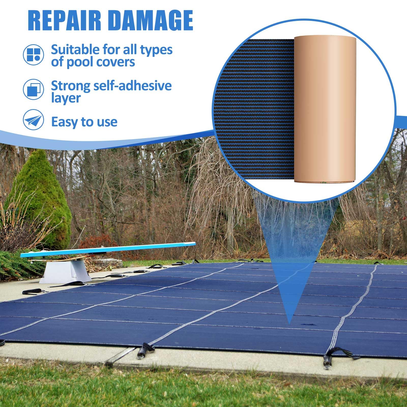 Pushglossy Kit de 2 rollos de parches para cubierta de alberca, kit de reparación de parches de seguridad para piscina, autoadhesivo, resistente al desgarro, parche de reparación para cubierta de