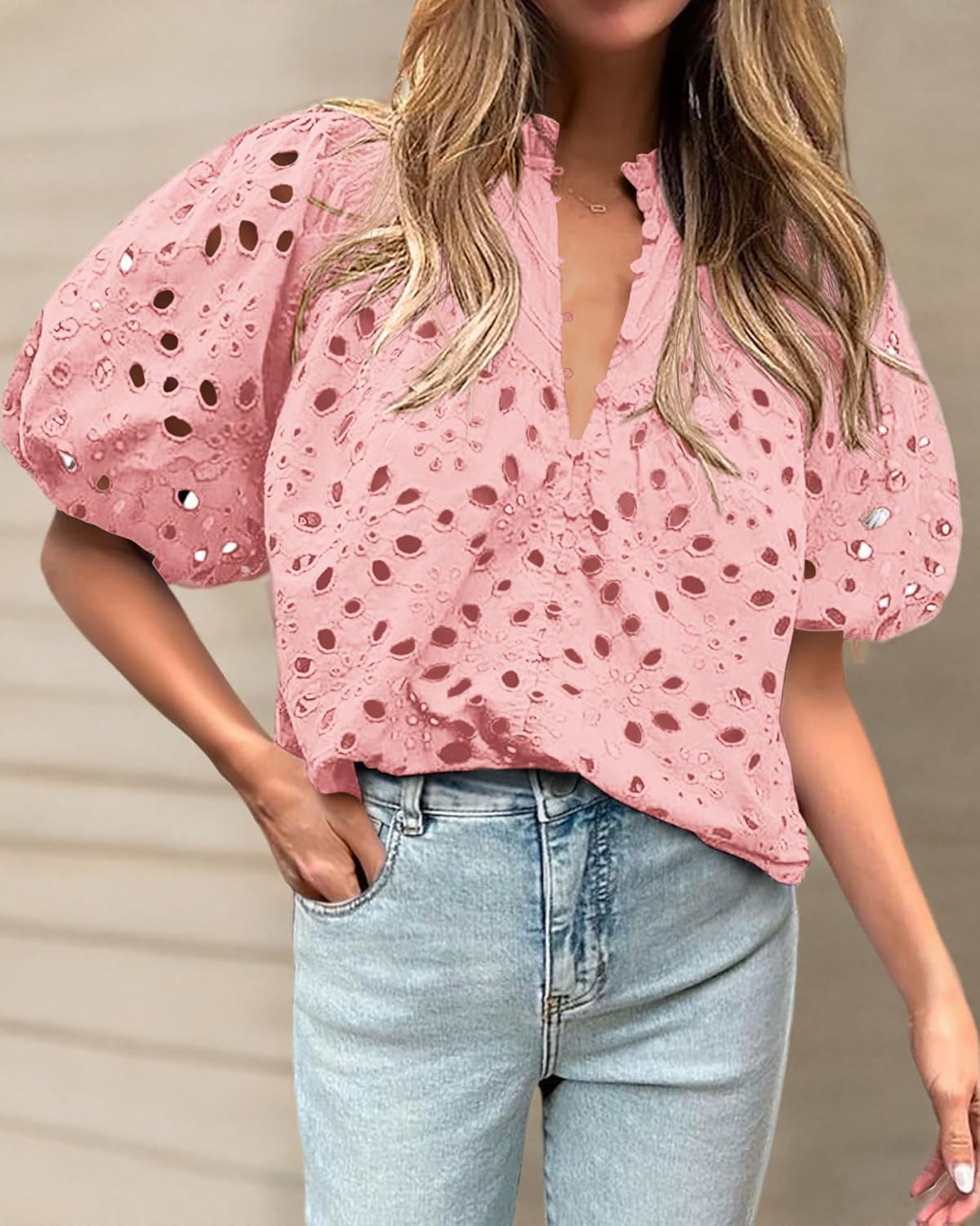 BTFBM Womens Blouses Summer Hollow Out Eyelet Embroidery Tops V Neck Buttons Puff Sleeve Boho Shirts Spring Fashion 2026 - Image 9