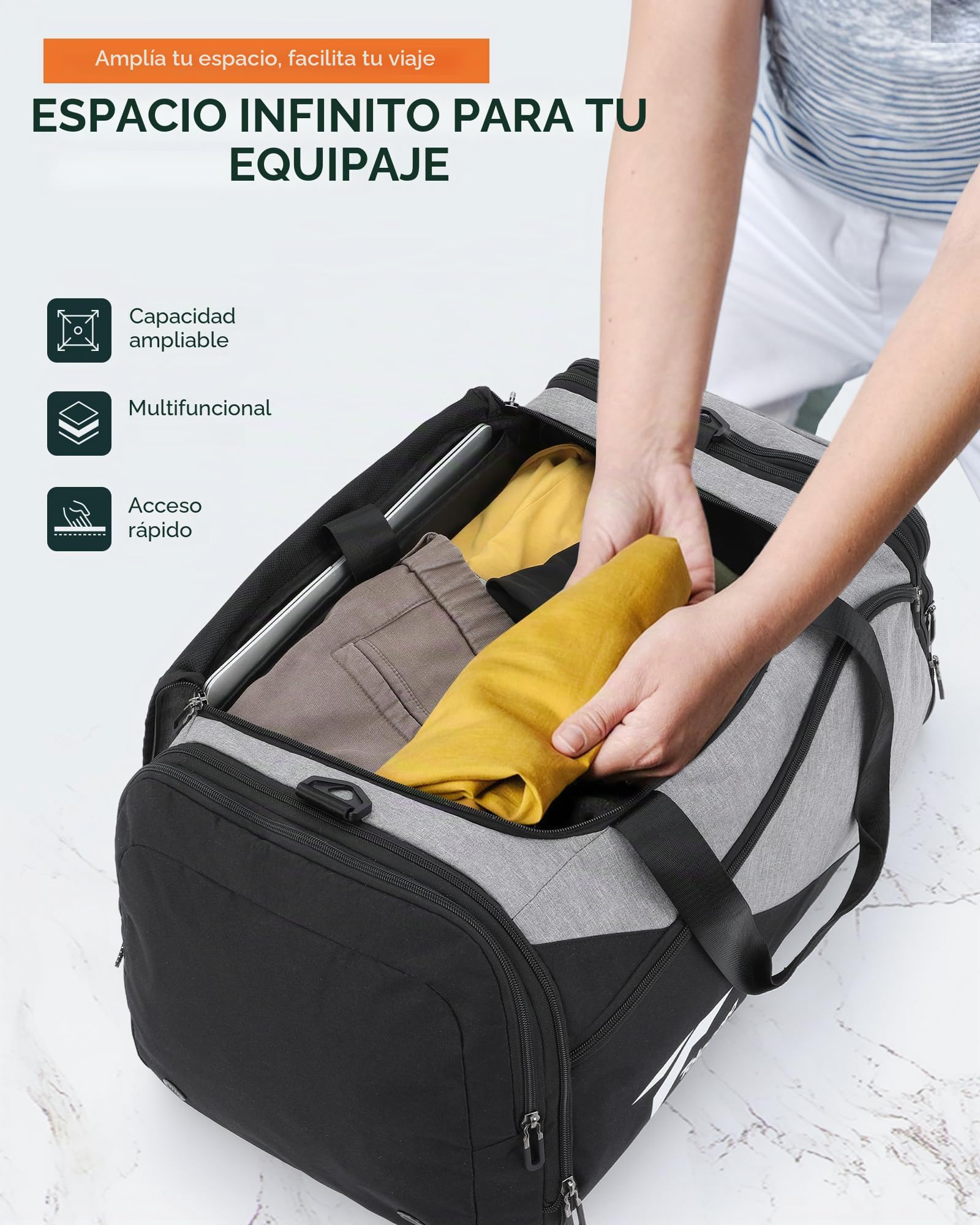 Tolaccea Bolsa Deporte 45-63L Ampliable de para Hombre y Mujer,Bolsa Gimnasio,con Compartimentos de Zapatos y Humedad,Bolsa de Viaje, Yoga, Fin de Semana, Natación,Pilates(Gris)