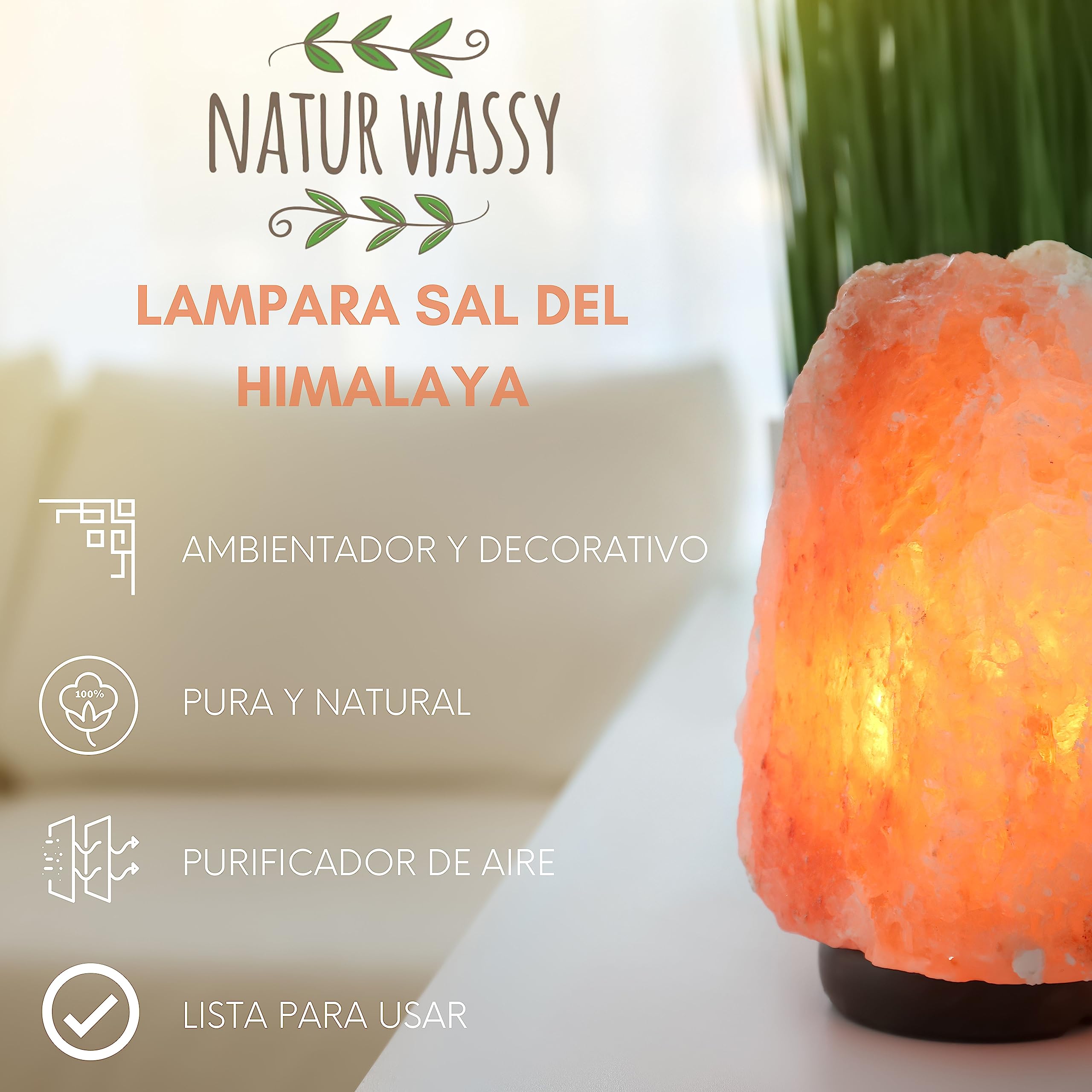 Lampara De Sal Del Himalaya C/ Base De Madera, (8 a 10 KG) 100% Natural. Lampara Echa A Mano Artesanalmente. Lista Para Usar Con Su Lampara, Interruptor Y Cable. (Enchufe EU). Piedra De 5 Tamaños