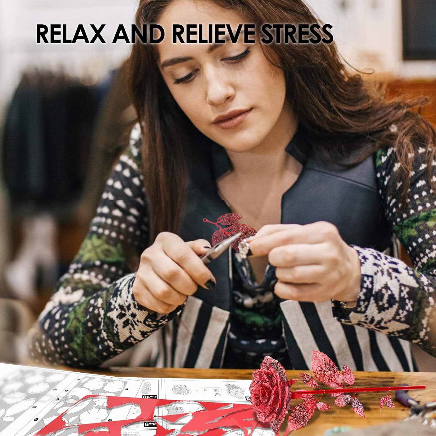 Piececool 3D Metal Puzzles Rose Flower Model Kits, Artificial Fake Flowers Metal Building Kit DIY 3D Puzzle for Adults, for Father Mothers Valentines Day, 15Pcs