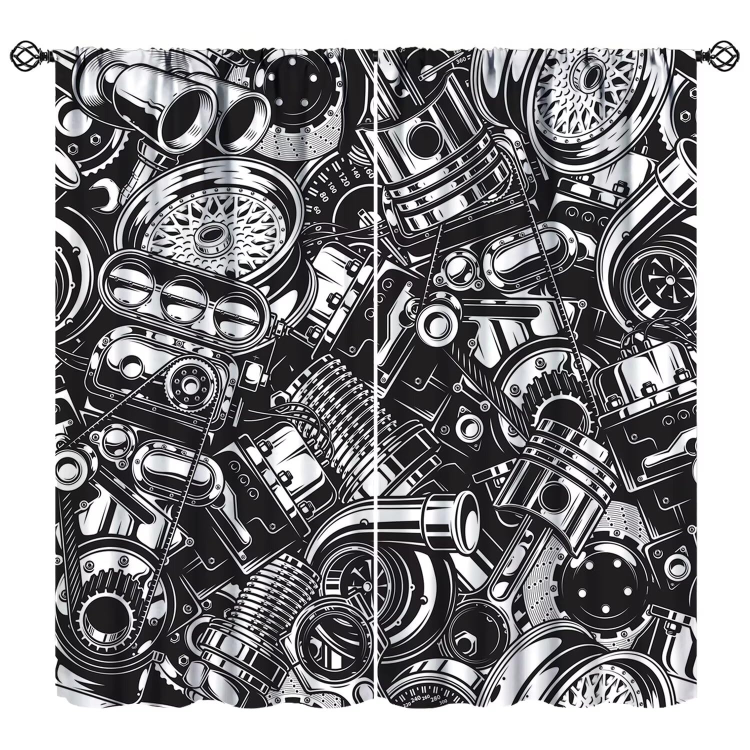 Car Blackout Curtains Automobile Car Parts Engine Black White Vintage Art Print for Boys Bedroom Living Room Bathroom Decor Rod Pocket Window Drapes 2