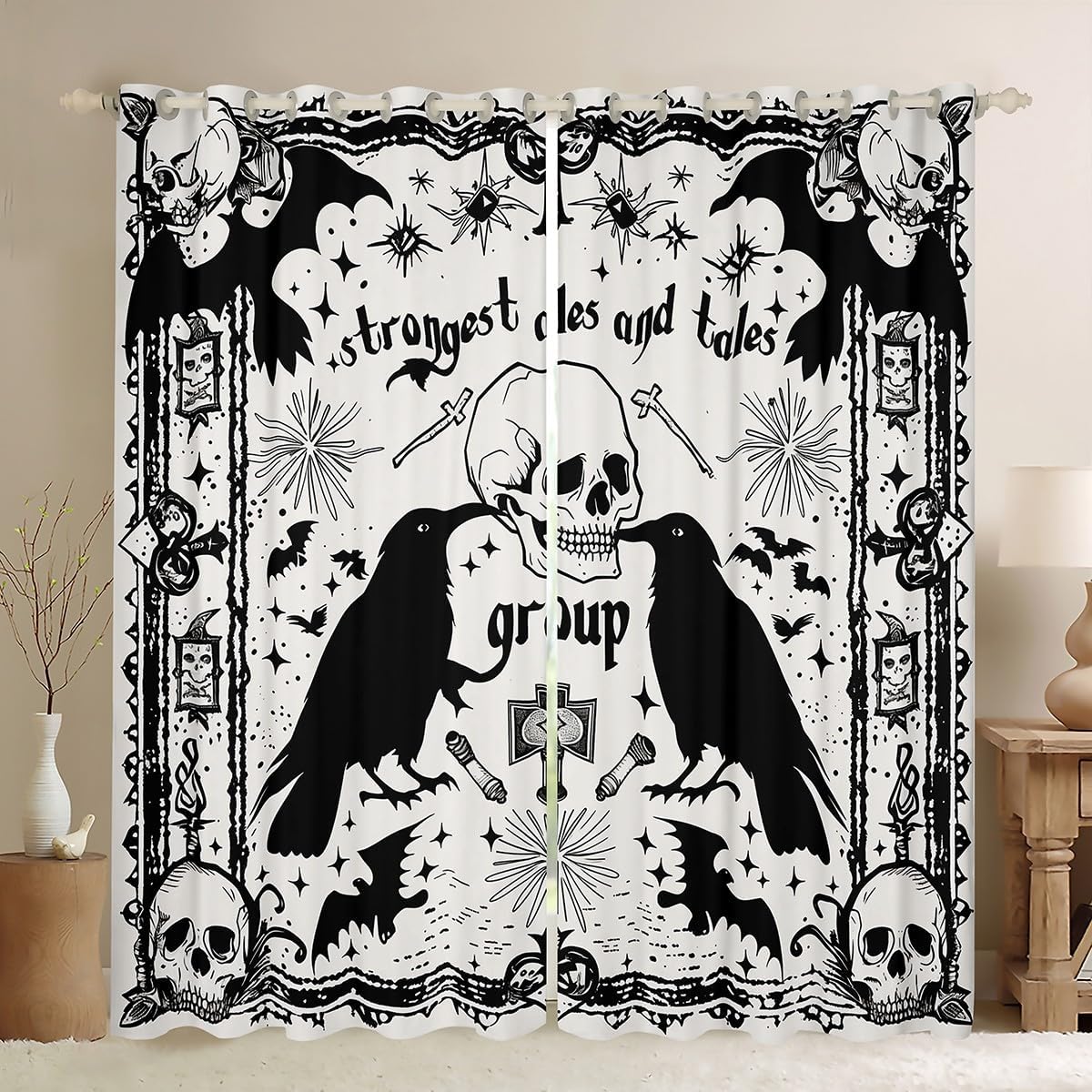 jejeloiu Halloween Decor Blackout Curtains Bats Darkening Drapes for Bedroom Living Room Decor Gothic Skull Thermal Insulated Shades Eagle Print Window Treatments, 2 Panels 38 x 45 Inch
