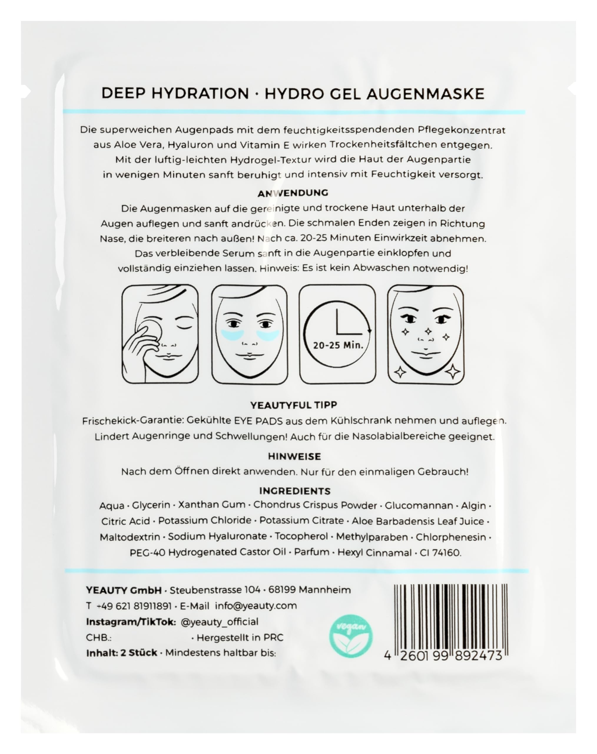 YEAUTY DEEP HYDRATION EYE PAD MASK, cuscinetti idratanti per gli occhi con aloe vera, ialuronico e vitamina E contro la pelle secca e fragile, per una zona ottimale idratata degli occhi