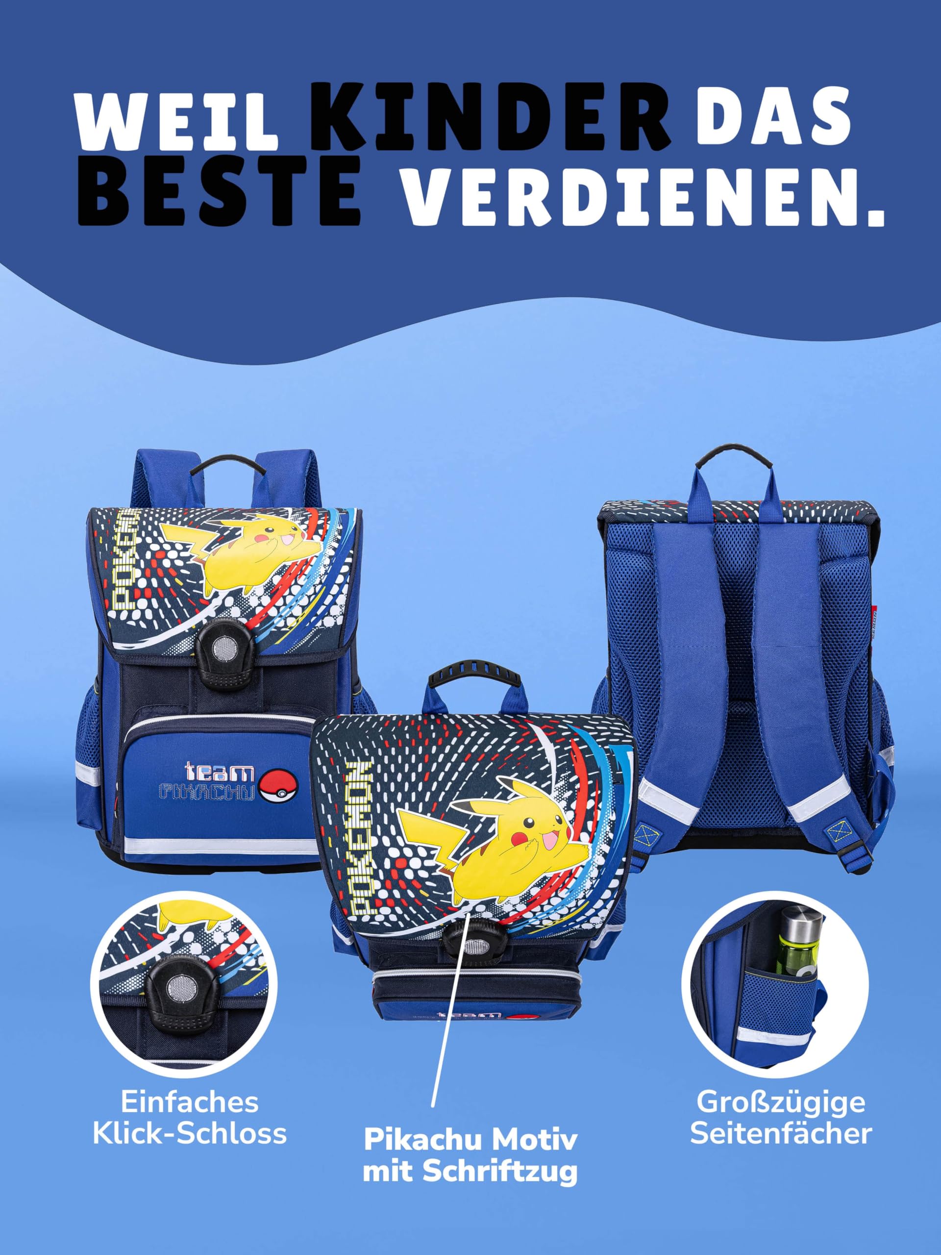 Familando - Schulranzen Set 6-teilig mit Sporttasche - Pokémon mit Pikachu Motiv - Ergonomisch, stabil & mit gepolstertem Rücken - 990g leicht, 16L Volumen - Mit Reflektoren - ab 1. Klasse