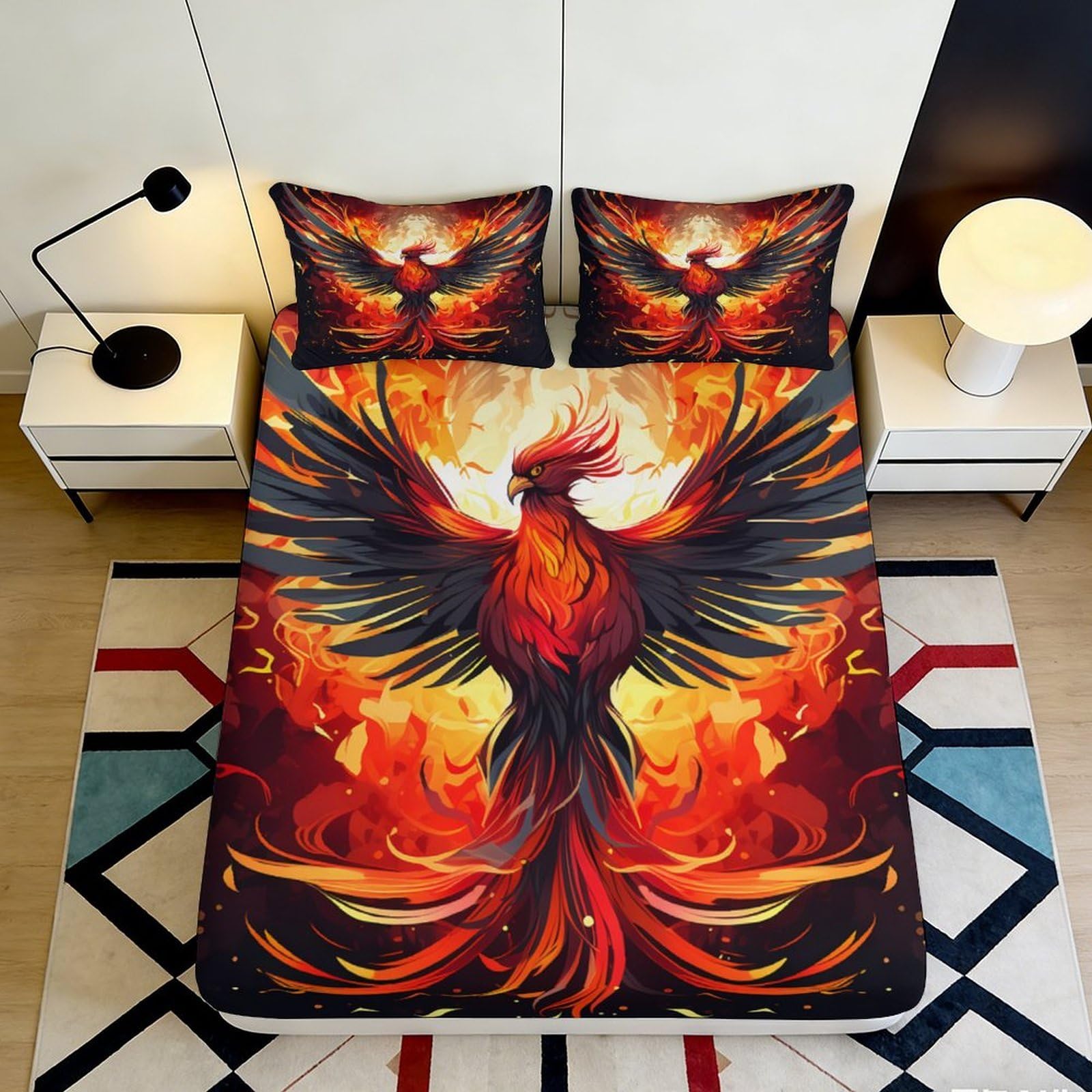 Dhbaneiok Style-2 3D Printed Phoenix Fire Fitted Sheet Microfiber Soft Red Orange Flame Bed Cover For Bedroom Dorm Mattress Protection Decor 90X200x25cm