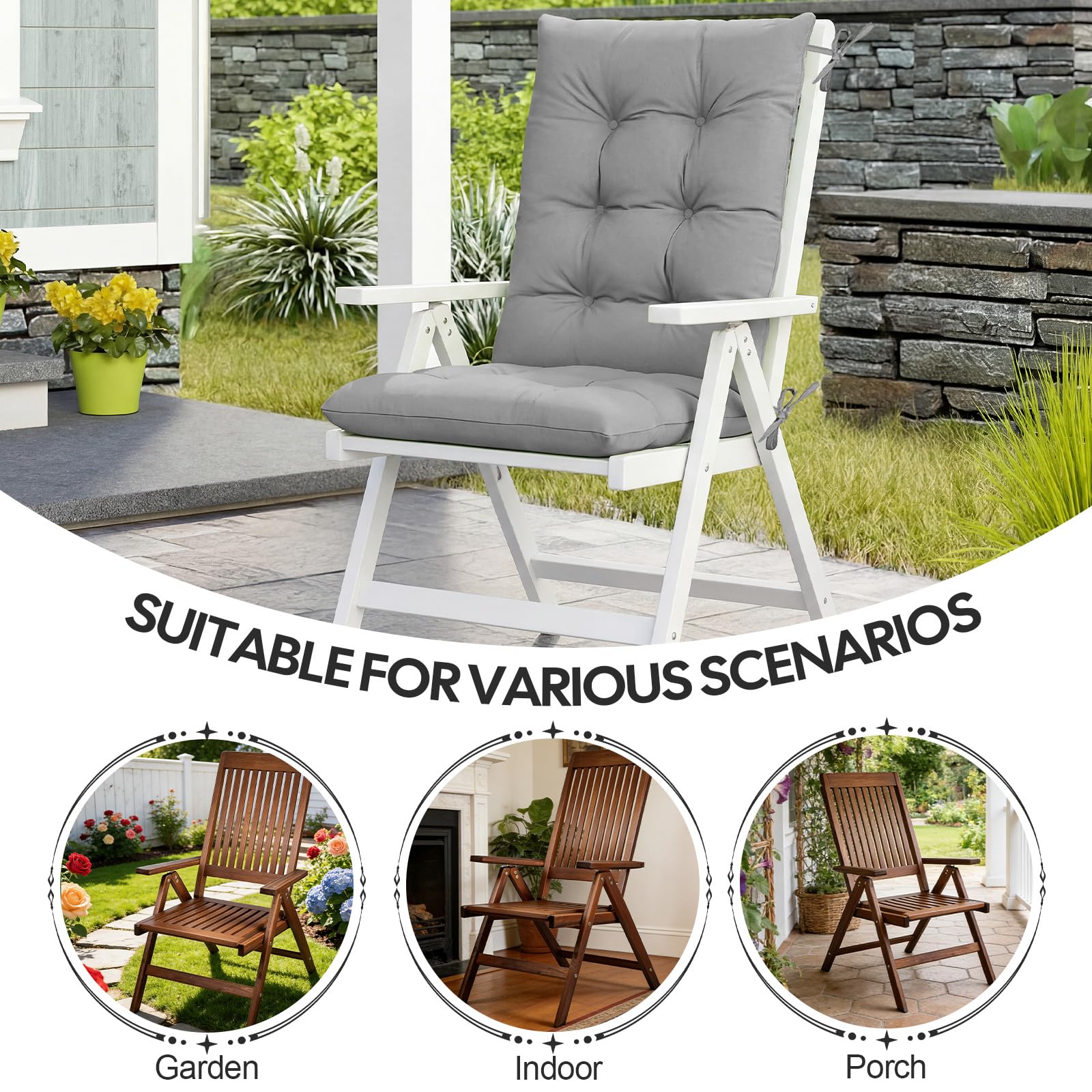 RIMEPATIO Outdoor High Back Chair Cushion 120x45cm, 8cm Thick Tufted Waterproof Rattan Seat Pad with Ties for Garden & Patio Dining Chairs, Loungers, Recliner, Grey — view 7