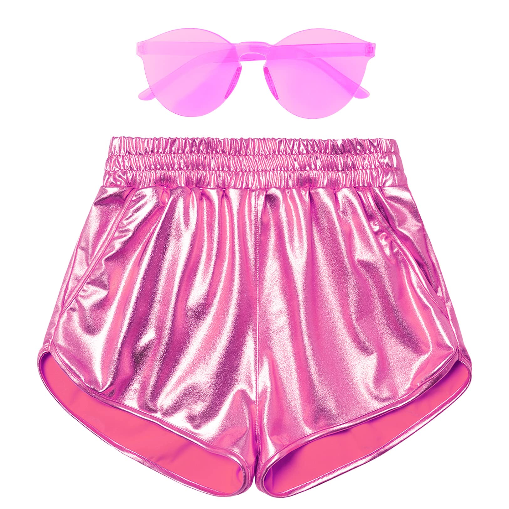 Mirawise Women's Metallic Shorts Summer Yoga Hot Shiny Sparkly Outfit Short Pants with Sunglasses