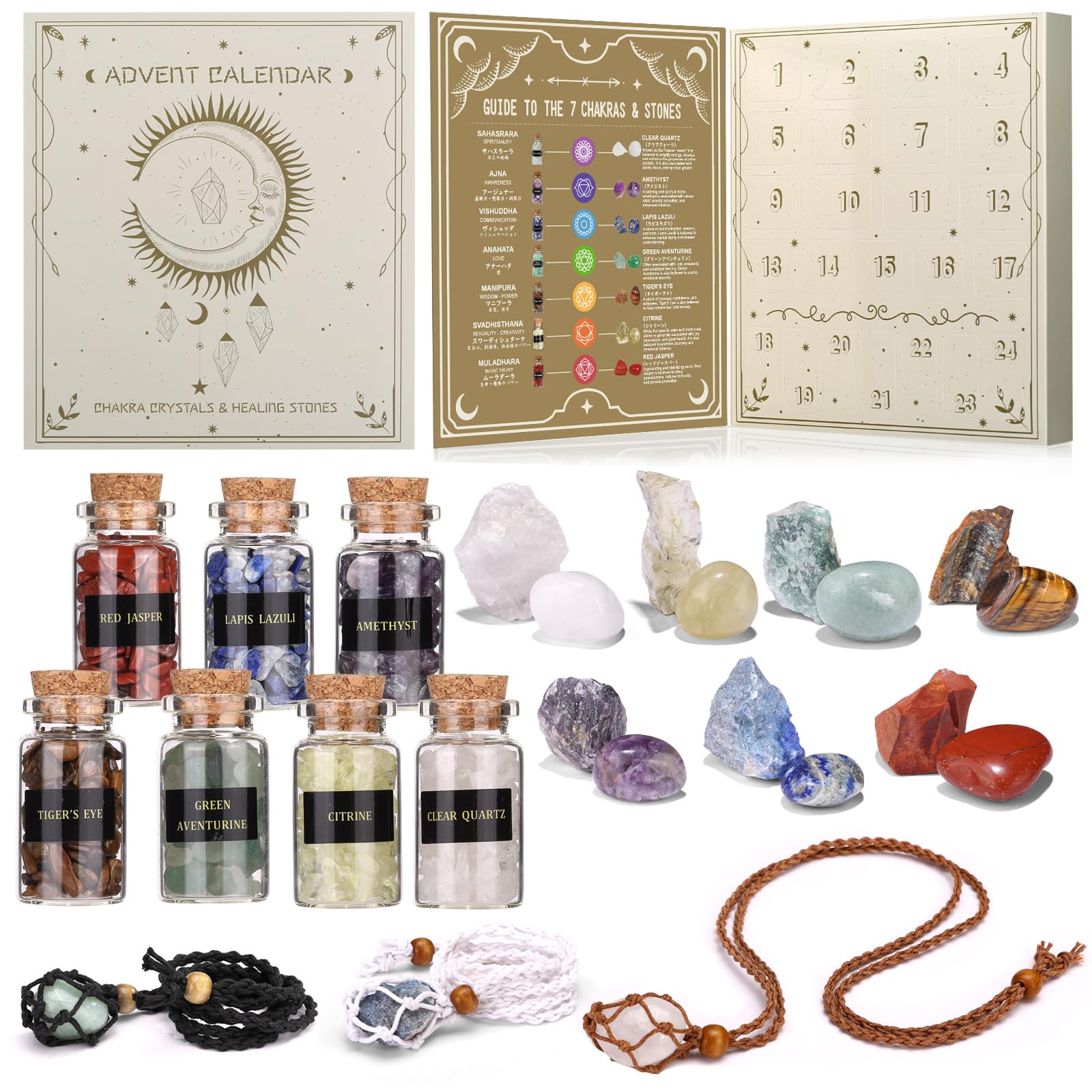 LEMESO Edelstein Adventskalender 2025, 24 Tage Weihnachtskalender Adventskalender Countdown Natürlichen Edelsteinen mit Halskette Steine Kristalle Weihnachtsgeschenke für Mädchen Jungen