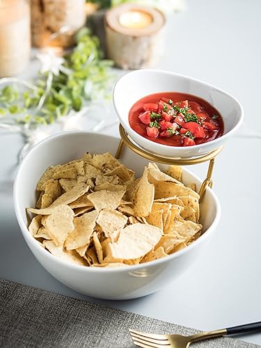 Miniatura 5 de Juego de cuencos de porcelana para servir aperitivos con 2 compartimentos, estante de tacos para patatas fritas y inmersiones, juego de servir barra