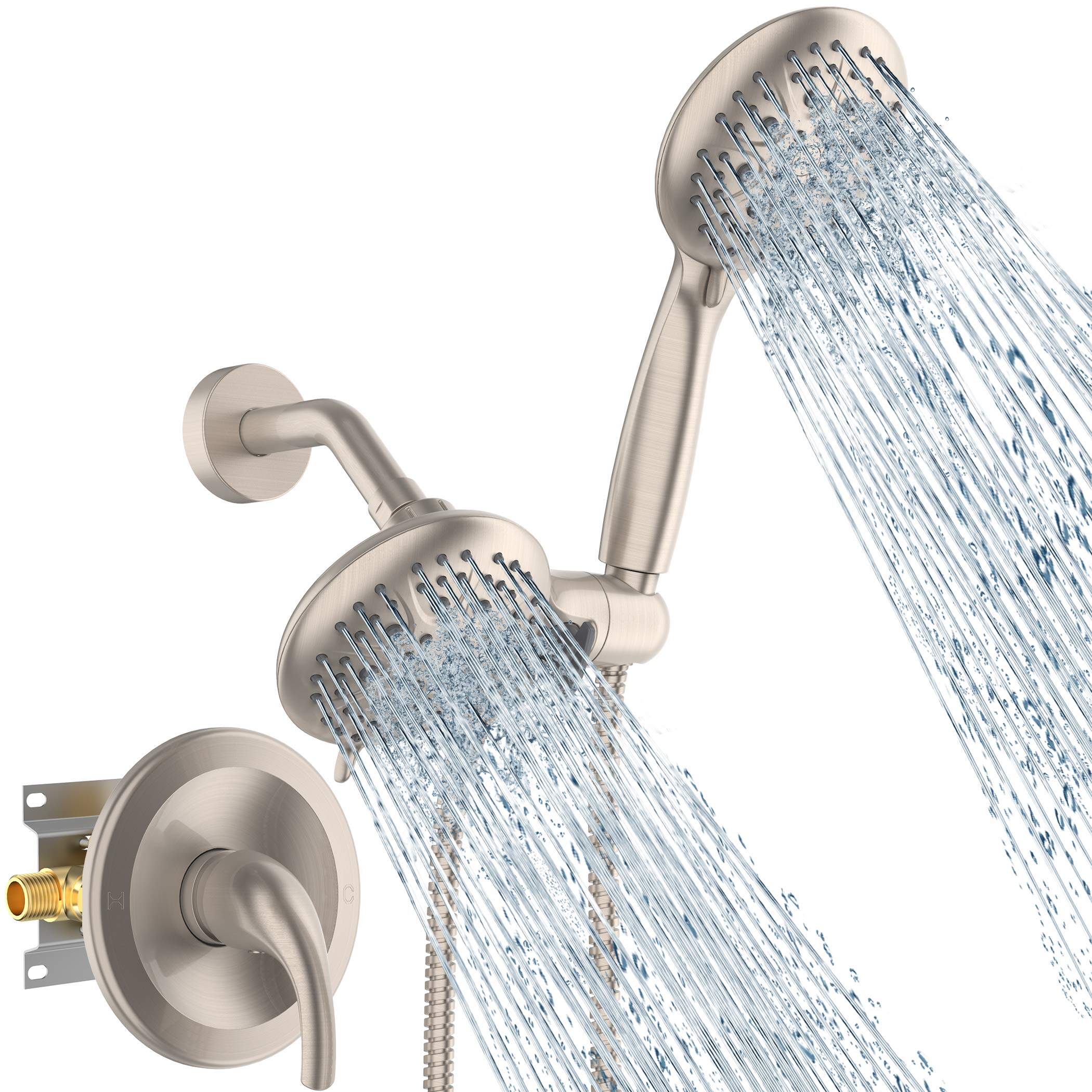 SR SUN RISEShower System with Handheld Showerhead & Rain Shower Combo Set. High Pressure 35-Function Dual 2 in 1 Shower Faucet with Valve, Patented 3-Way Water Diverter in All-Brushed Nickel