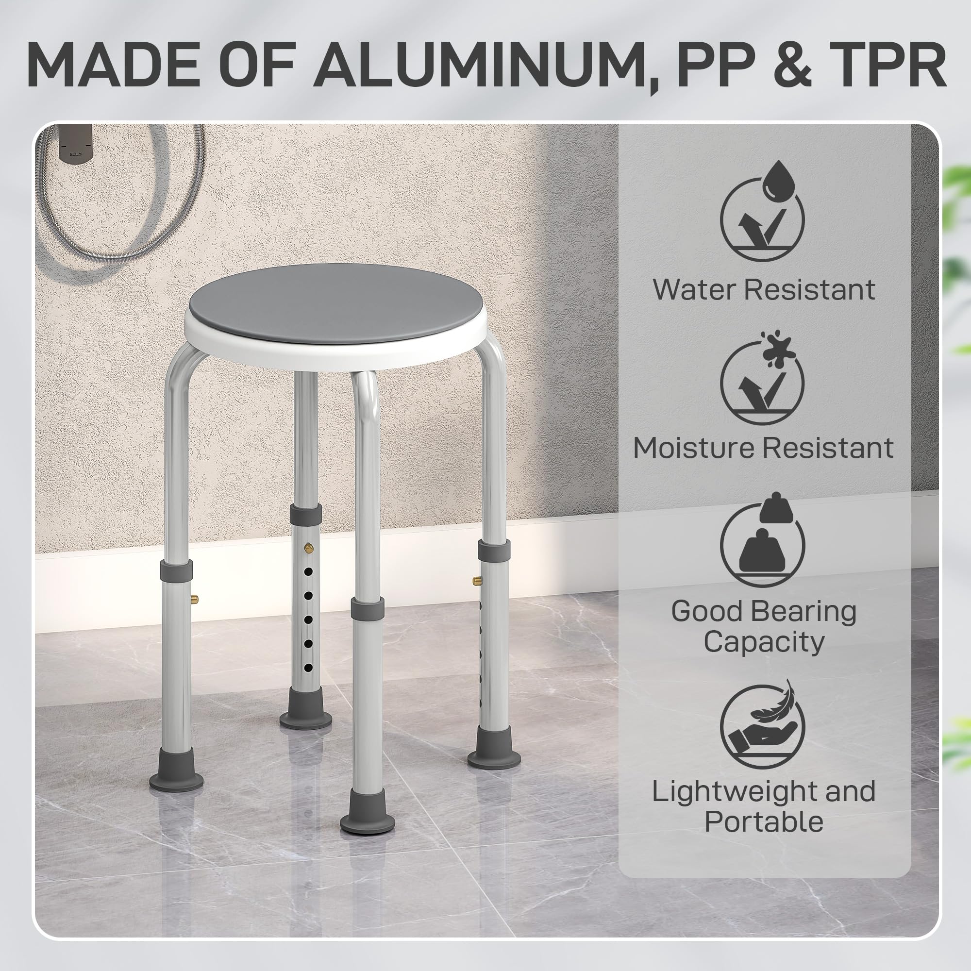 HOMCOM 360° Asiento Giratorio Taburete Ducha Altura Ajustable Gris | Silla de ducha, marco de aluminio, pies antideslizantes, soporte seguro, asistencia en el hogar
