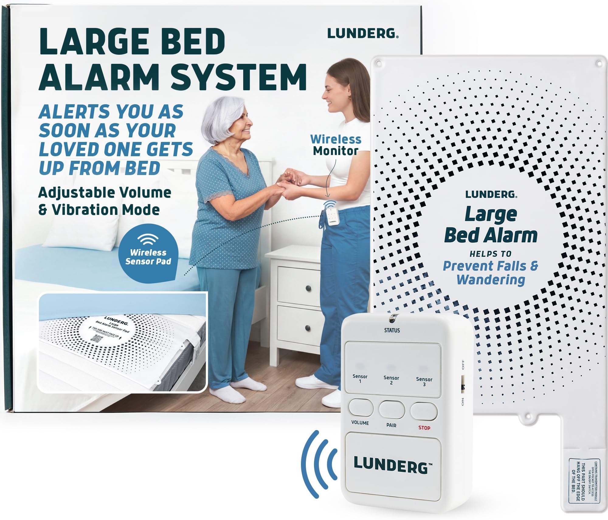 Lunderg Large Bed Alarm System - Wireless Bed Sensor Pad (20” x 30”) & Pager - Bed Alarm for Elderly Dementia Patients - Bed Alarms and Fall Prevention for Elderly