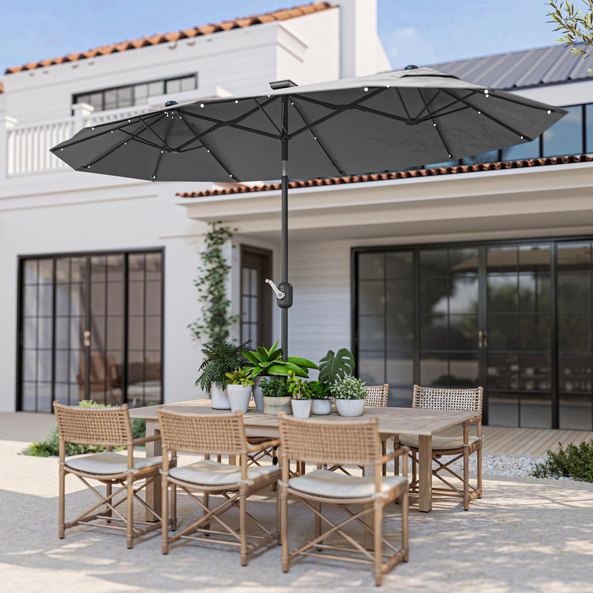 Outsunny Sombrilla Doble con Luces LED Solares Techo 295x150x219 cm Gris | Sombrilla de Jardín, Inclinación Ajustable, Manivela Manual, para Patio Piscina Playa