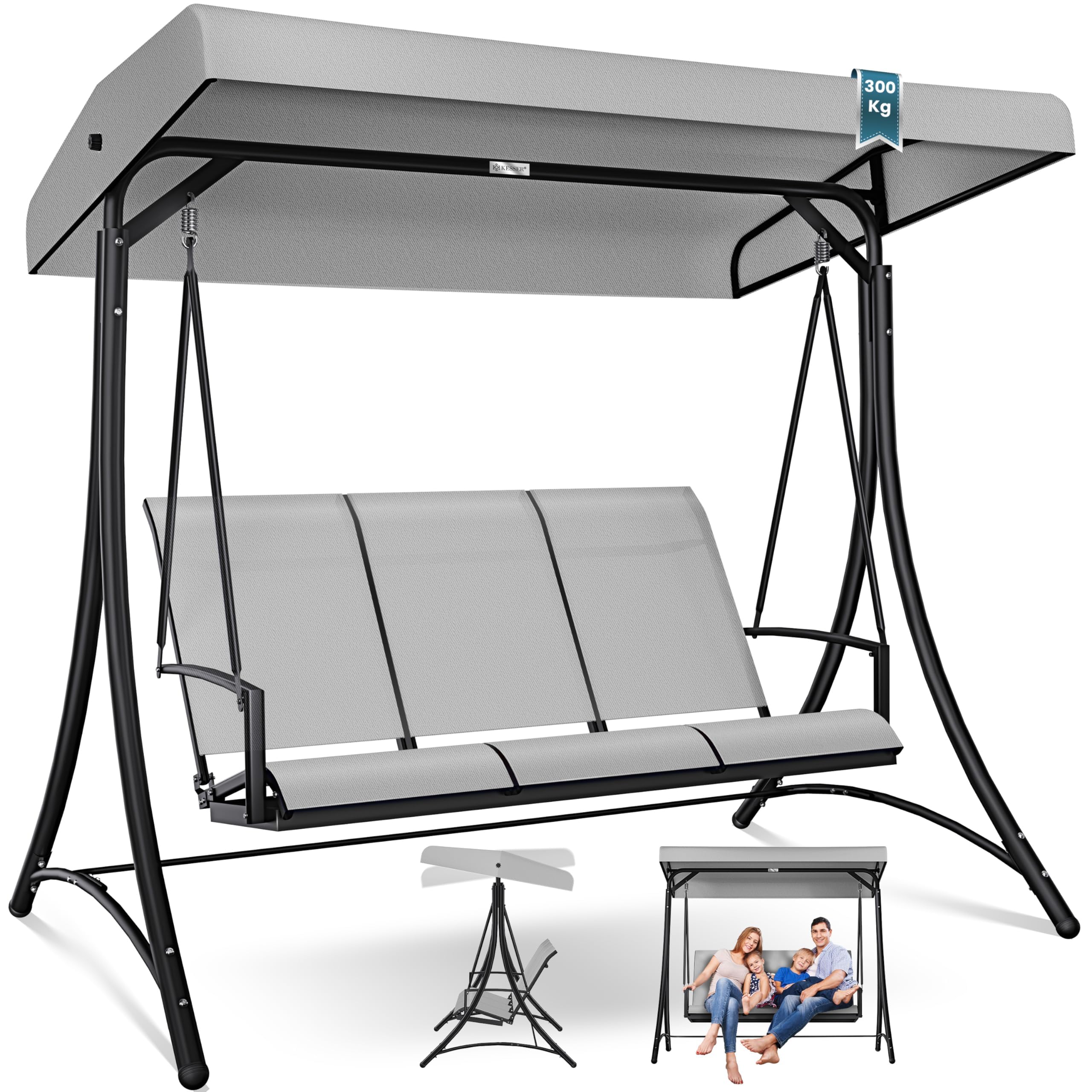 KESSER® Hollywoodschaukel mit Sonnendach 3-Sitzer | Gartenschaukel bis 300kg belastbar | Gartenliege mit Anti-Rutsch-Füßen | Schaukelbank wasserabweisend Outdoor & Indoor (Hellgrau)