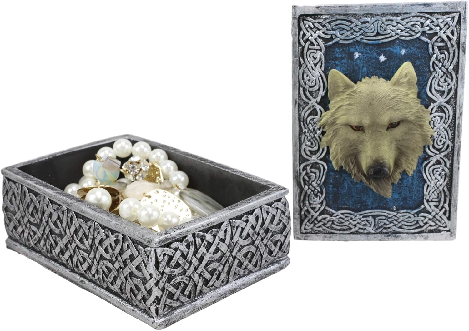 Ebros Gift Celtic Blue Starry Night Element Alpha Wolf Rectangular Decorative Box Figurine As Keepsake Jewelry Stash Storage Decor of Timberwolves Wolves Animal Totem Spirit Sculpture (Snow White)