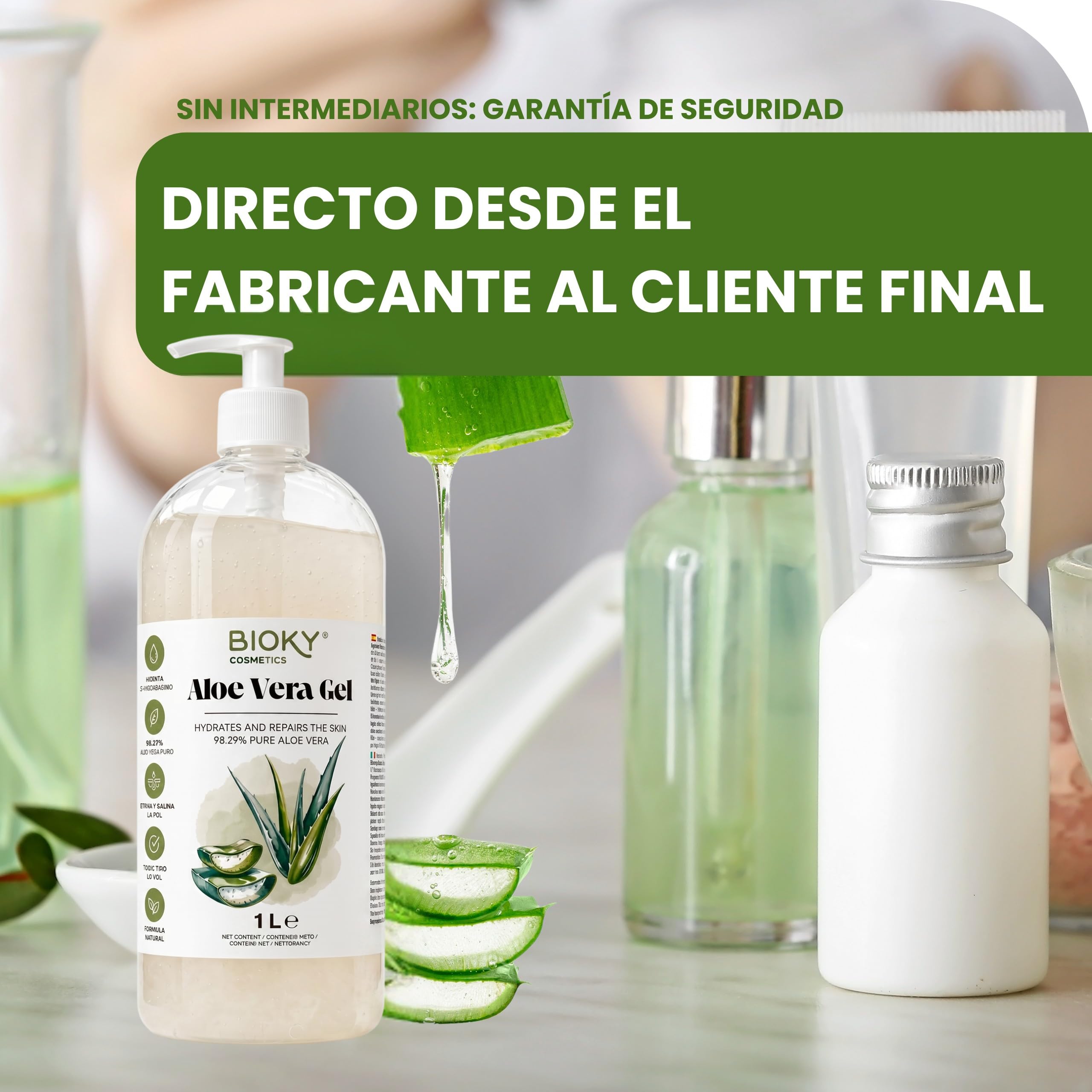 Gel Aloe Vera 100% Natural 1L – Puro, Orgánico, Hidratante y Calmante – Piel Hidratada e Iluminada | Natural y Versátil: AfterSun, Piel, Cabello, Post Depilación, After Shave (1 Litro)