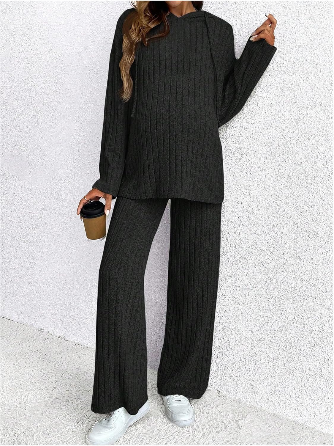 MakeMeChic Women's Maternity 2 Piece Outfits Lounge Set Ribbed Knit Long Sleeve Hoodie and Pants Pregnancy Set - Image 3