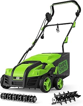 Electric Dethatcher Scarifier, 16-Inch 15 Amp Lawn Dethatcher (2025 Upgraded) with 5-Position Depth Adjustment, 14.5 Gal Removable Thatch Collection Bag, Quick-Fold, Keeps Lawn Health